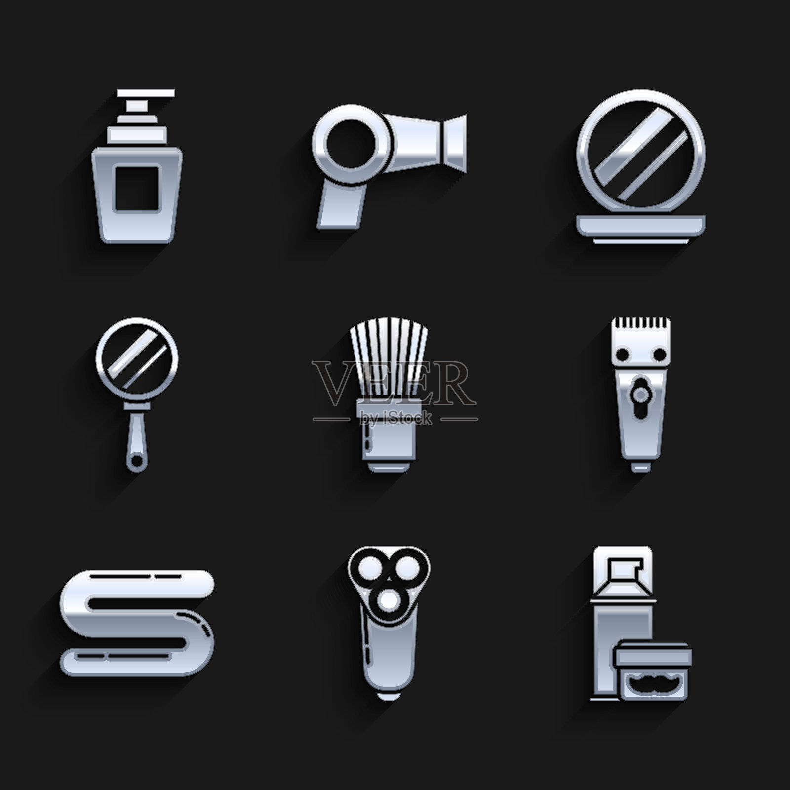 集剃须刷，电动剃须刀片为男子，凝胶泡沫，电动剪发剃须刀，毛巾，手镜，化妆粉与一瓶洗发水图标。向量插画图片素材