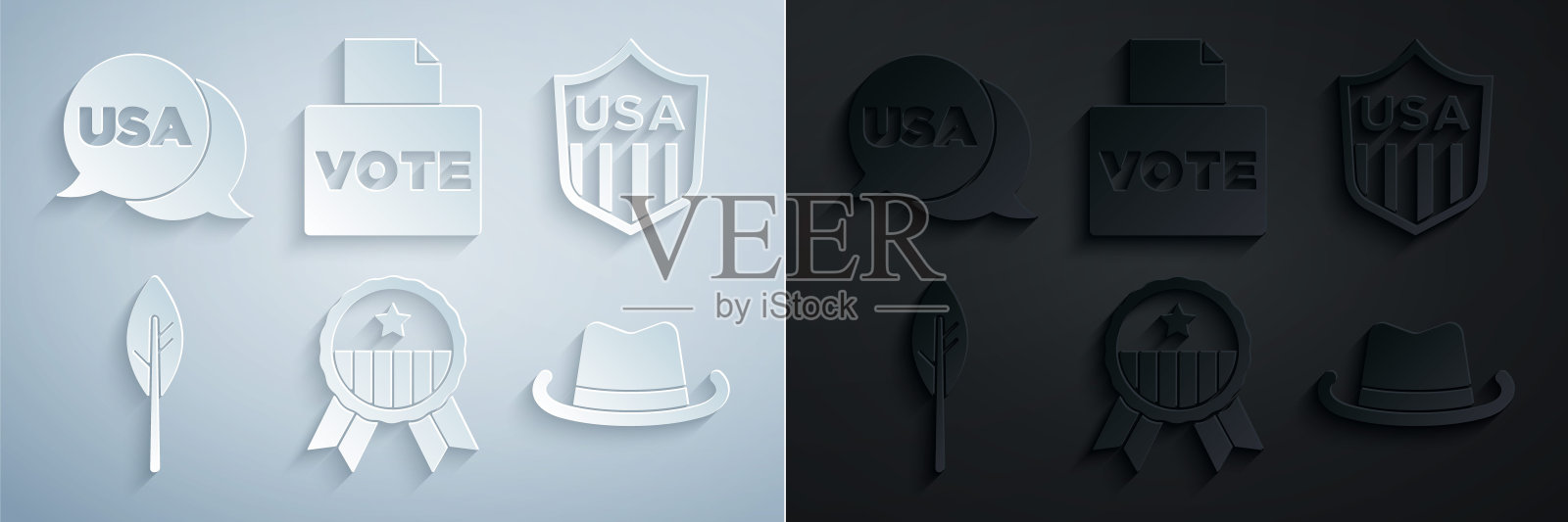 集勋章与星，盾星，印第安羽毛，西部牛仔帽，投票箱和美国独立日图标。向量插画图片素材