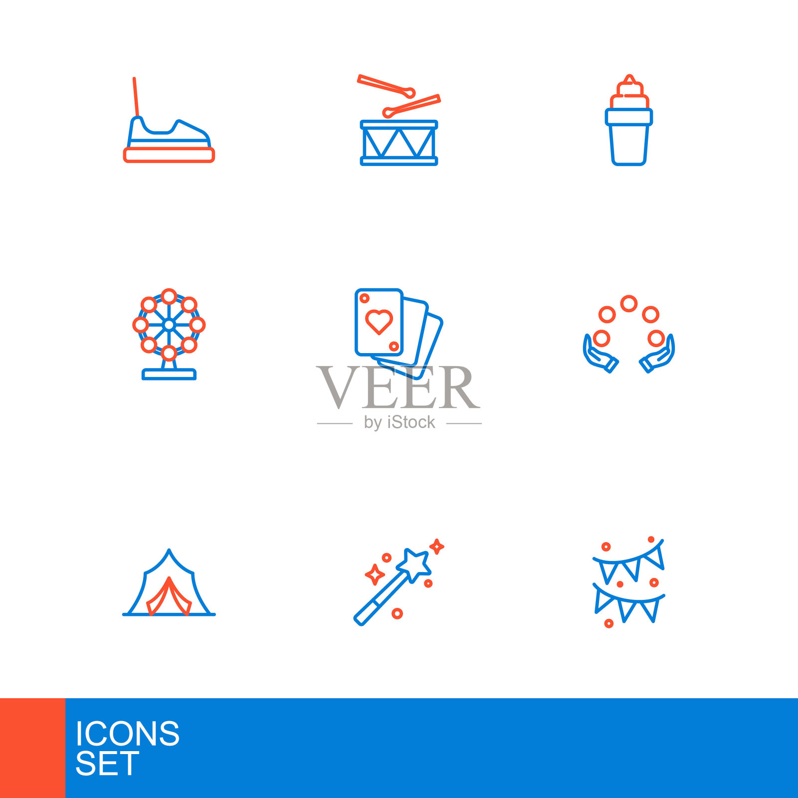 设置线嘉年华花环与旗帜，魔术棒，马戏团帐篷，杂耍球，摩天轮，扑克牌，冰淇淋华夫饼和鼓鼓棒图标。向量插画图片素材