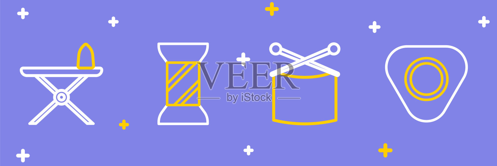 设置线缝纫粉笔，编织针，线上线轴和电熨斗和熨衣板图标。向量插画图片素材