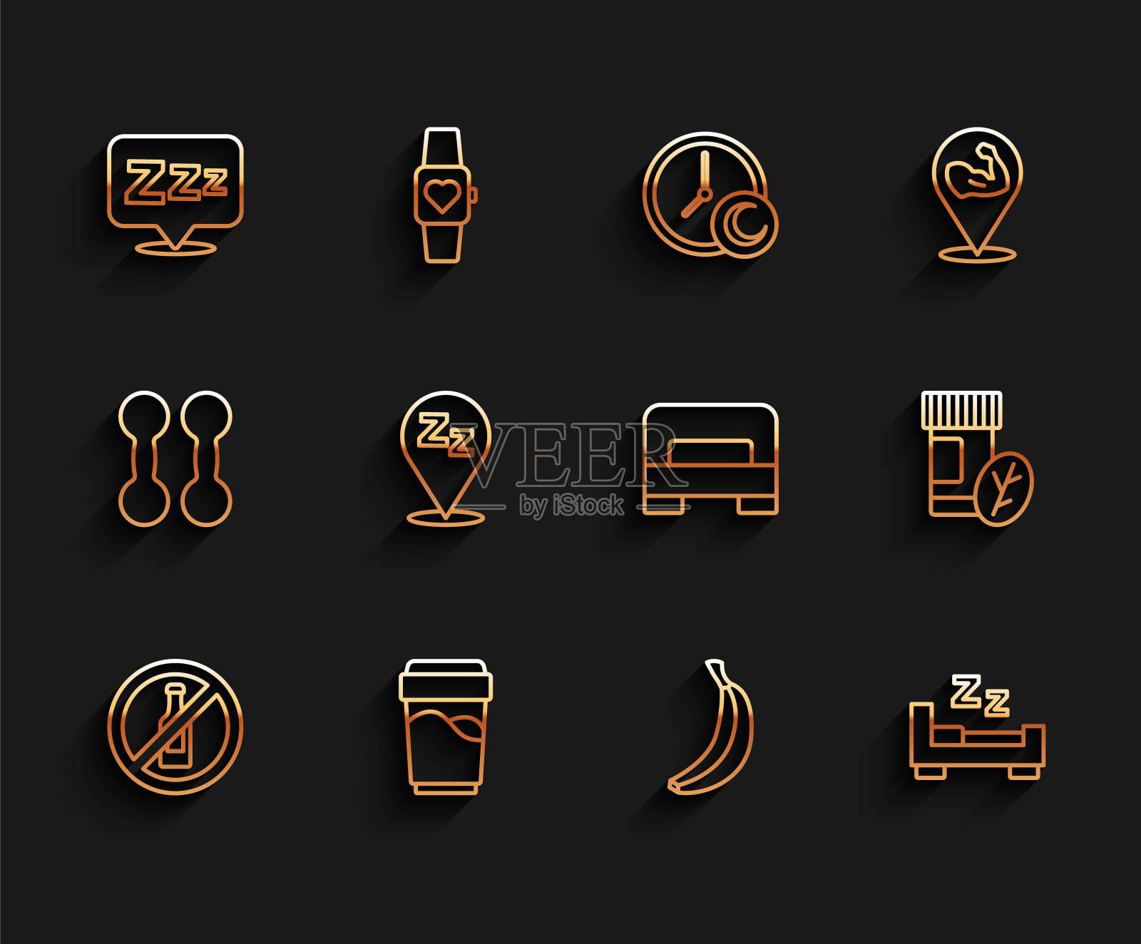 设置线不含酒精，杯子与水，困倦，香蕉，时间睡觉，维生素丸和大床图标。向量插画图片素材