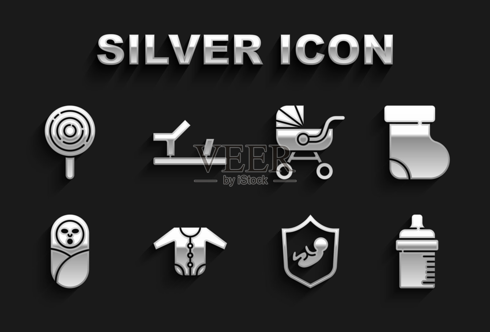 集婴儿服装，袜子，奶瓶，对盾，新生儿婴儿襁褓，婴儿车，棒棒糖和鞋子的图标。向量插画图片素材