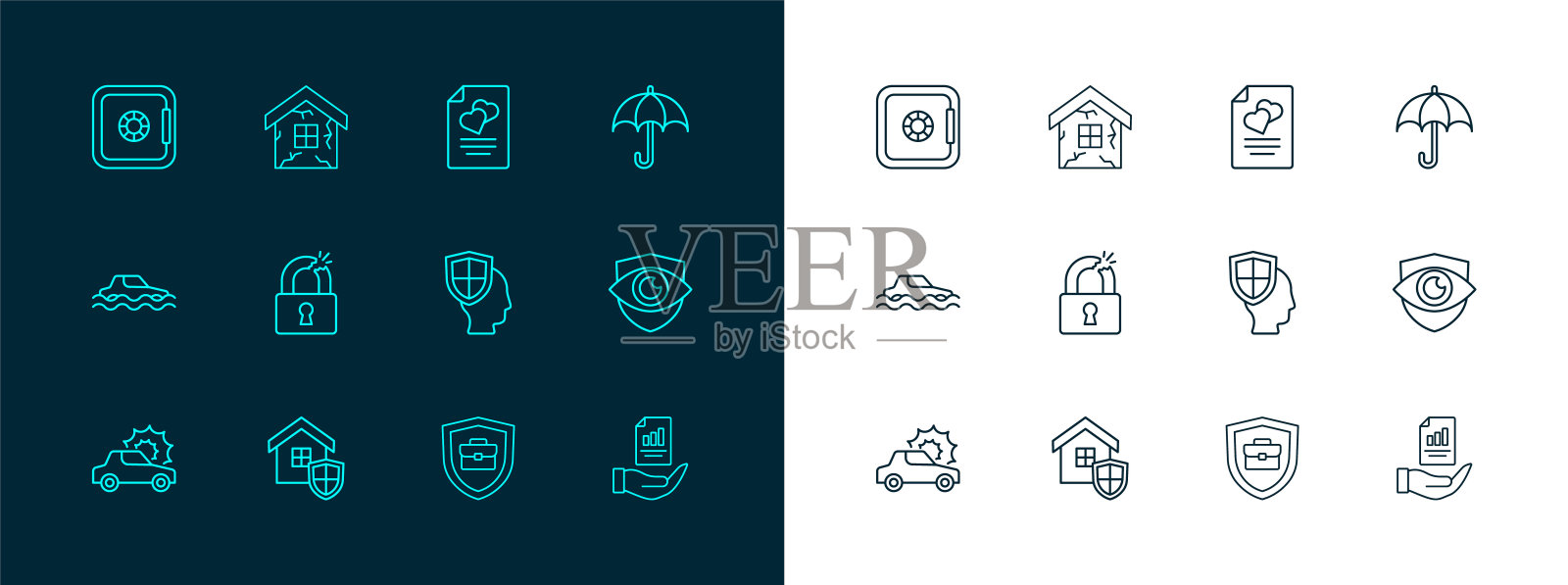 套装线伞，带盾的房子，人寿保险，公文包，破碎或破裂的锁，婚姻合同，保险箱和图标。向量插画图片素材