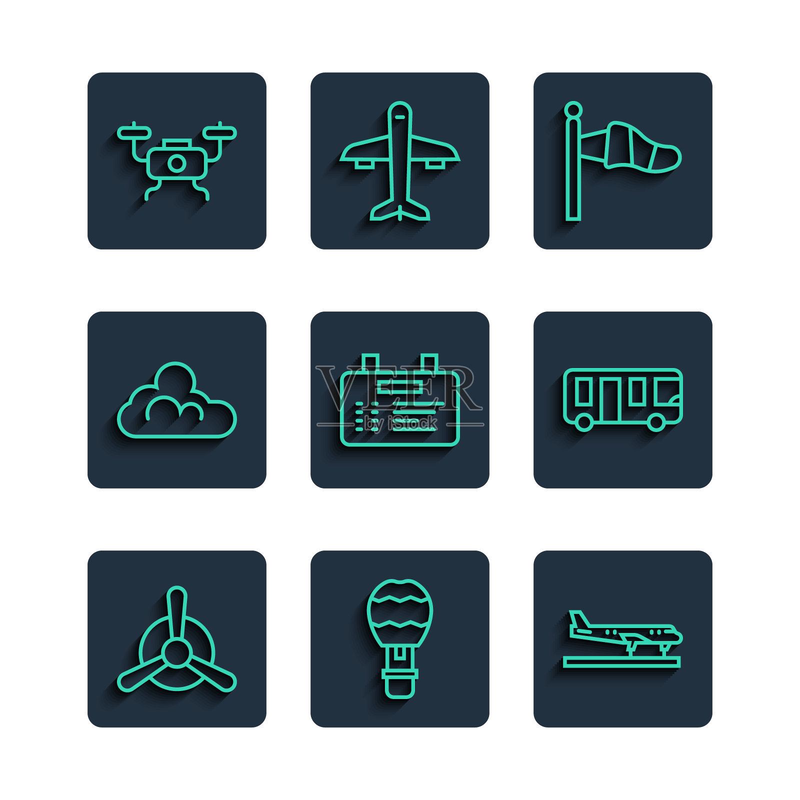 集线飞机螺旋桨，热气球，锥形气象风袜，机场板，云天气，无人机飞行和巴士图标。向量插画图片素材