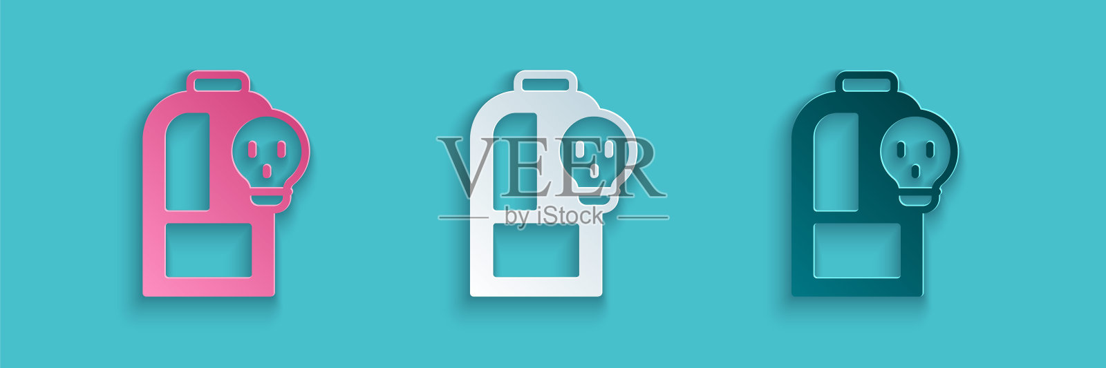 剪纸实验室化学烧杯有毒液体图标隔离在蓝色背景。生物危害的象征。带有辐射图标的危险标志。纸艺风格。向量插画图片素材