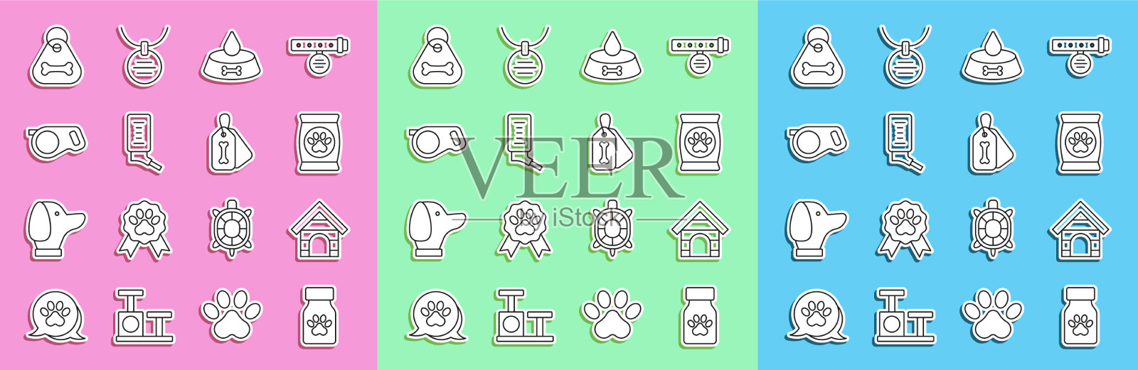 设置线药瓶和药丸狗屋袋插画图片素材