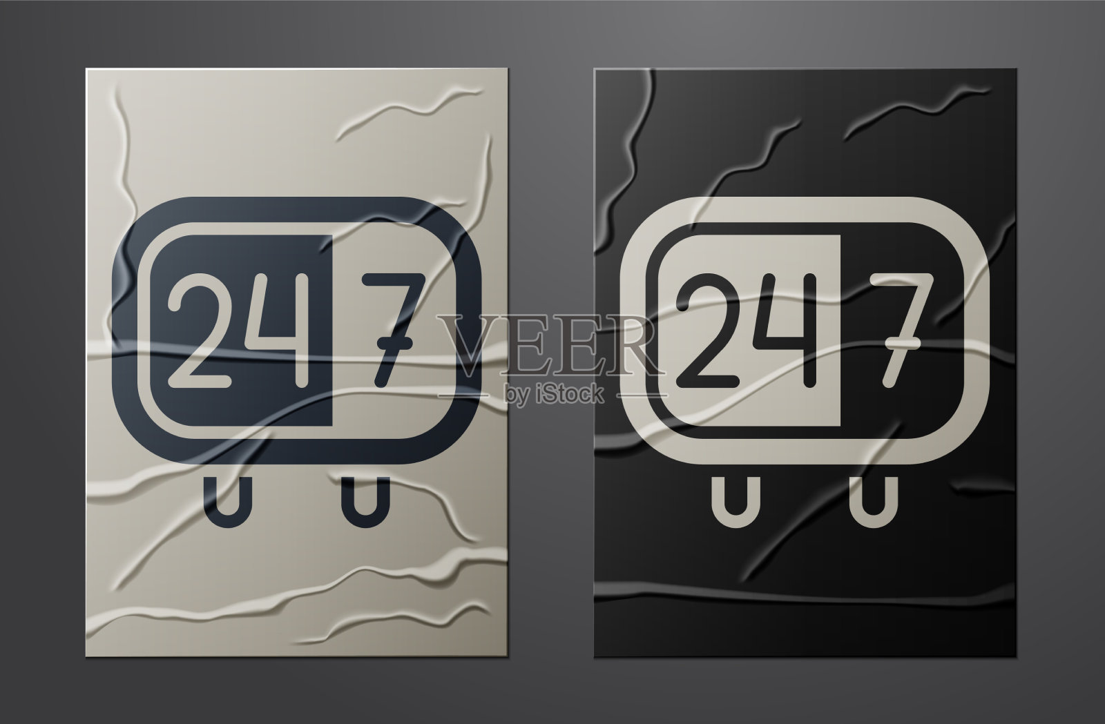 白色时钟24小时图标孤立在皱巴巴的插画图片素材