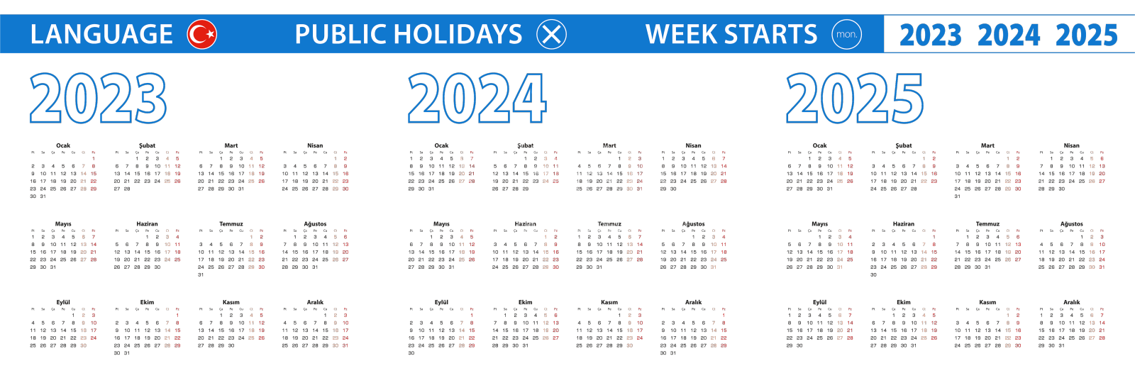 2023 - 2024年土耳其简单日历模板设计元素图片