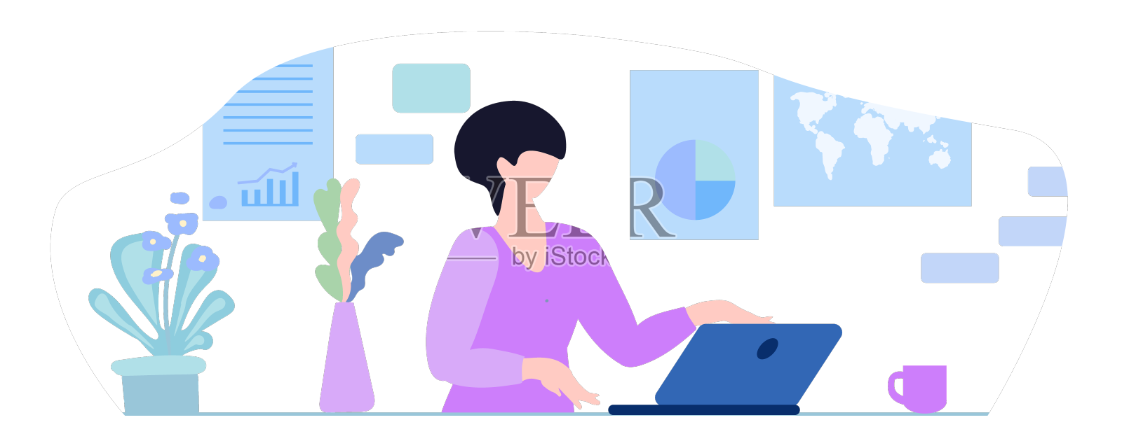 远程工作概念的女人在笔记本电脑上设计元素图片