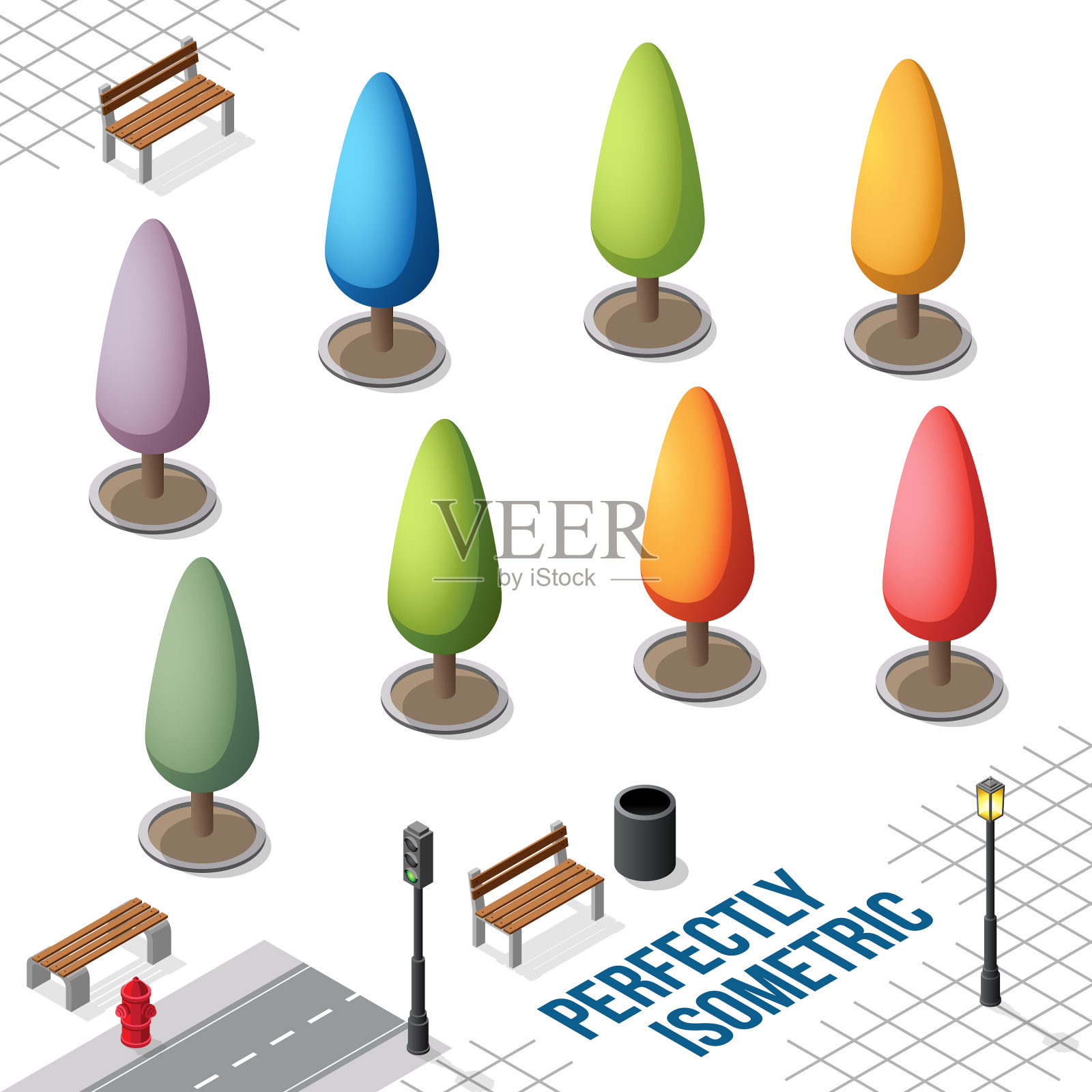 等距树设置8隔离在白色插画图片素材