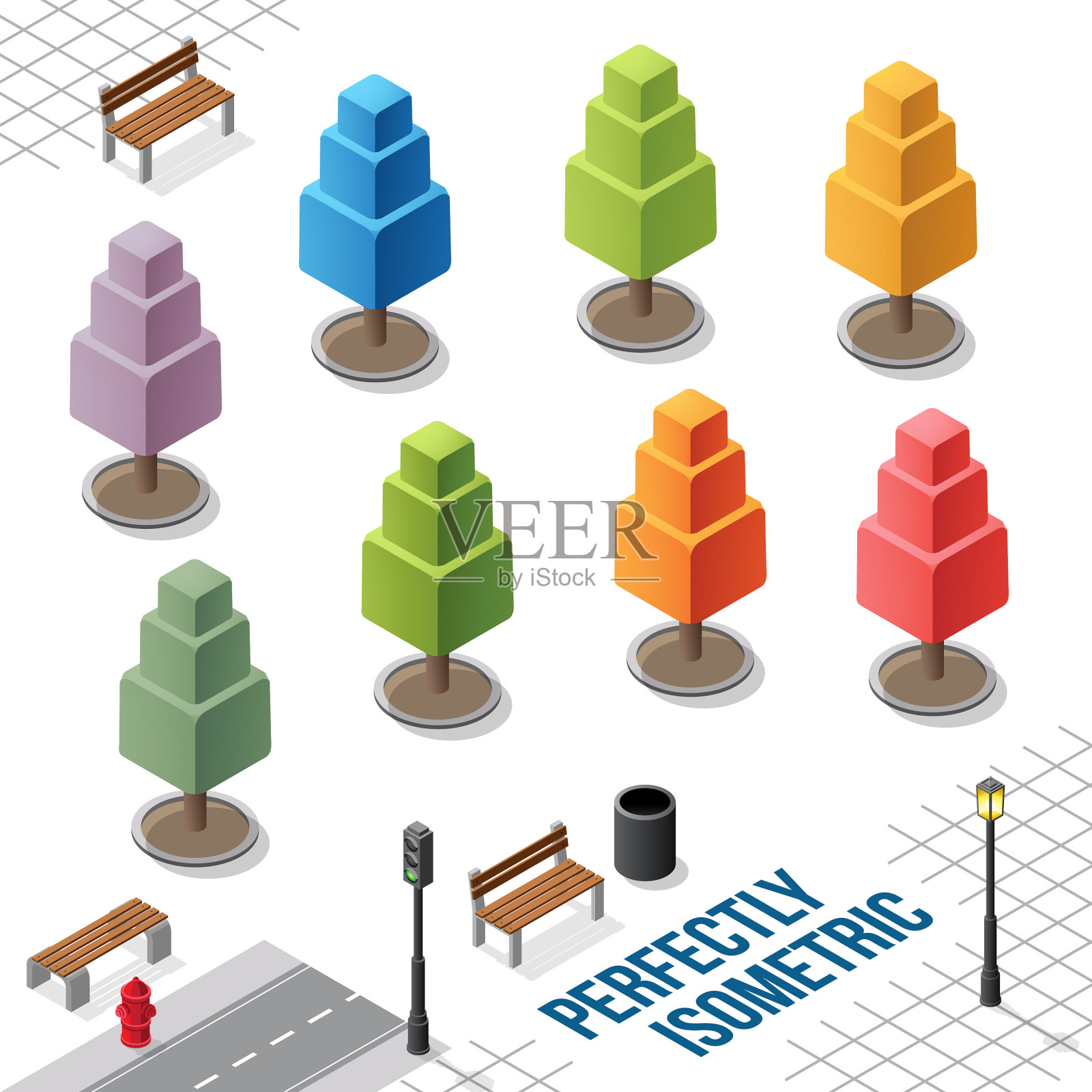 等距树设置10个孤立在白色上插画图片素材