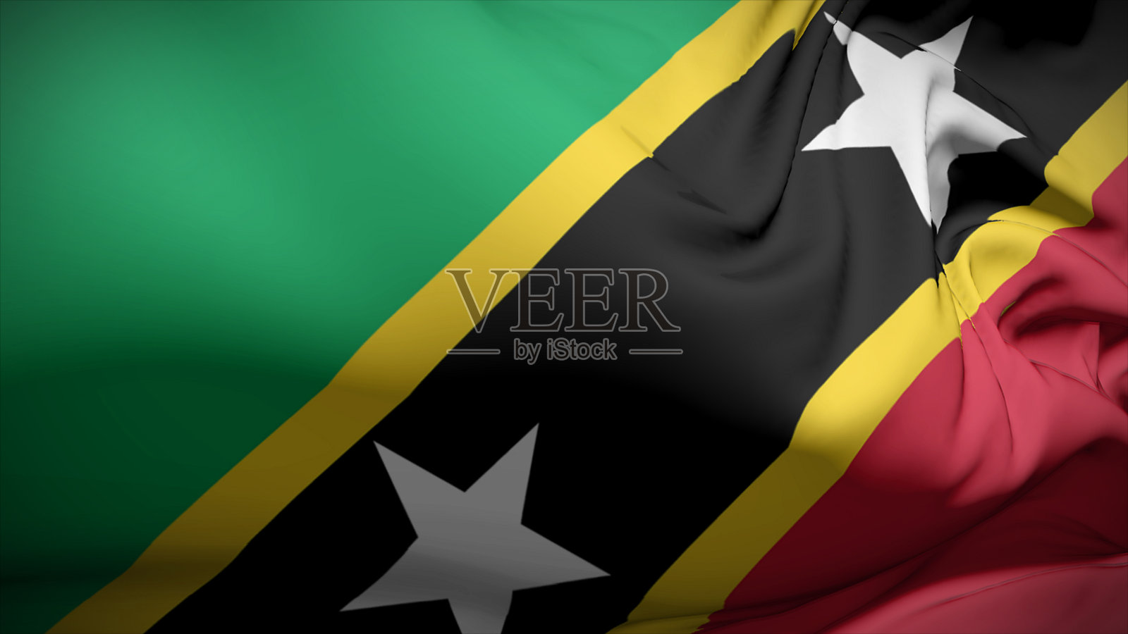 圣基茨和尼维斯国旗迎风飘扬的特写镜头。照片摄影图片