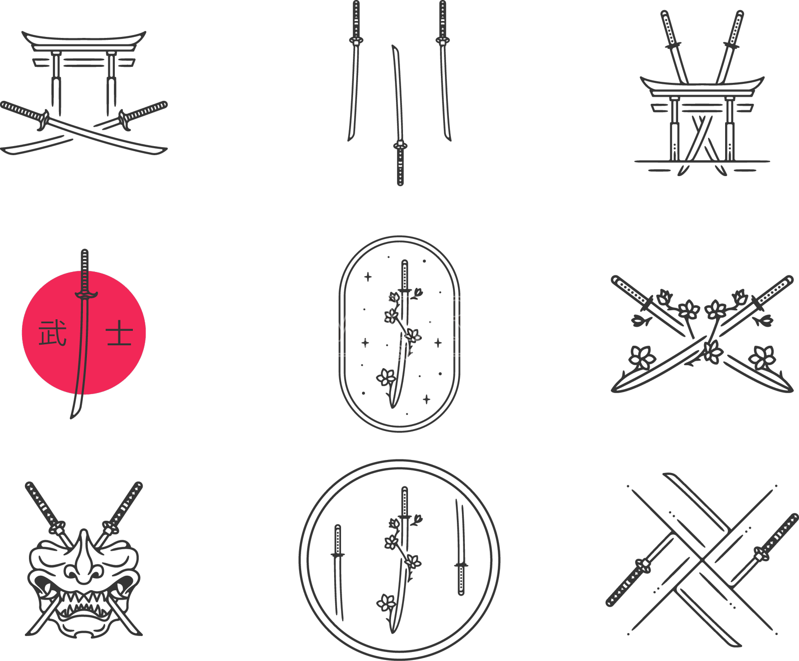 集捆绑武士刀的标志性标志标志设计元素图片