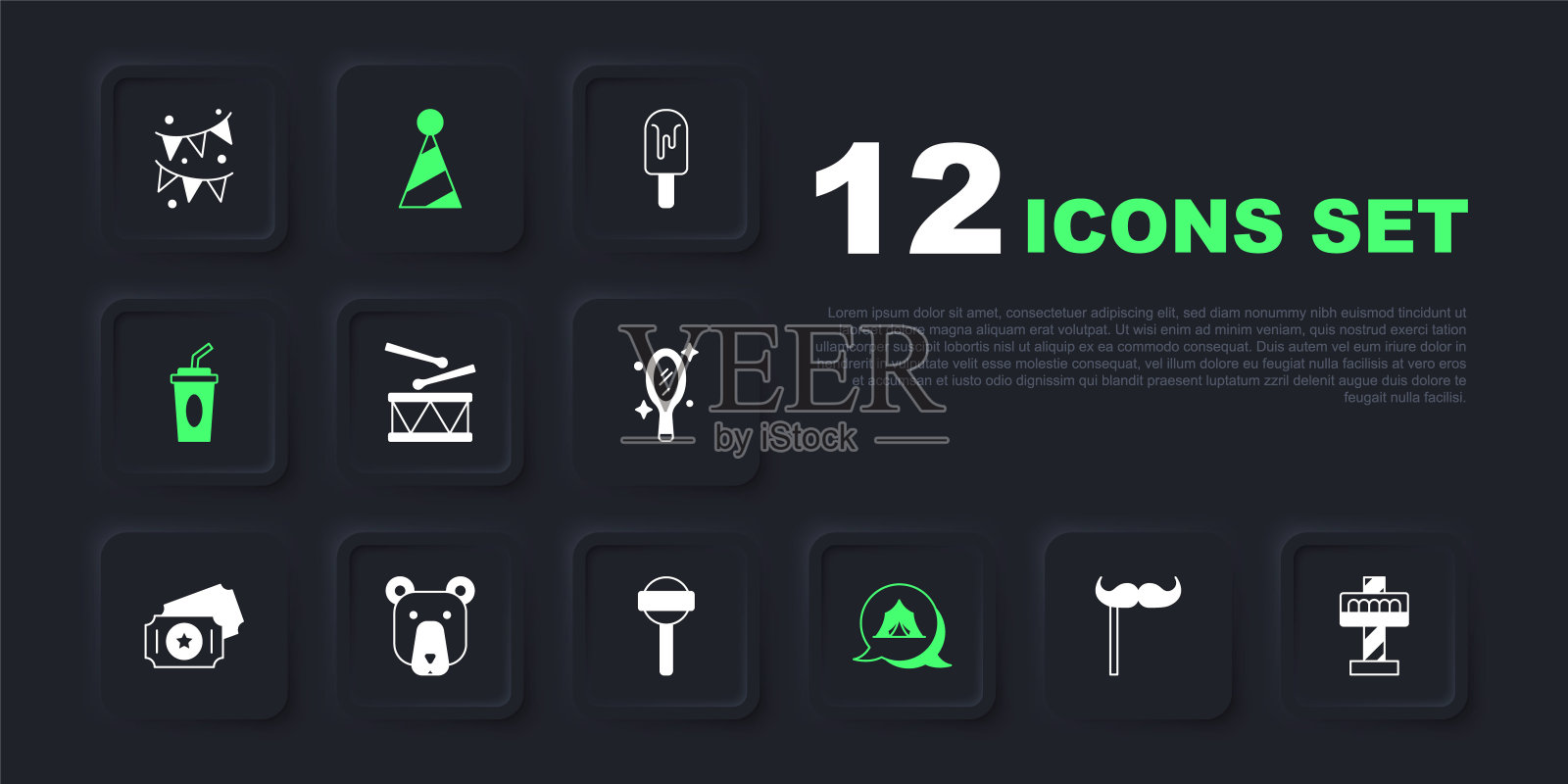 集纸胡子棍棒，吸引旋转木马，鼓鼓棒，马戏团帐篷，玻璃水，熊头，党帽和棒棒糖图标。向量插画图片素材