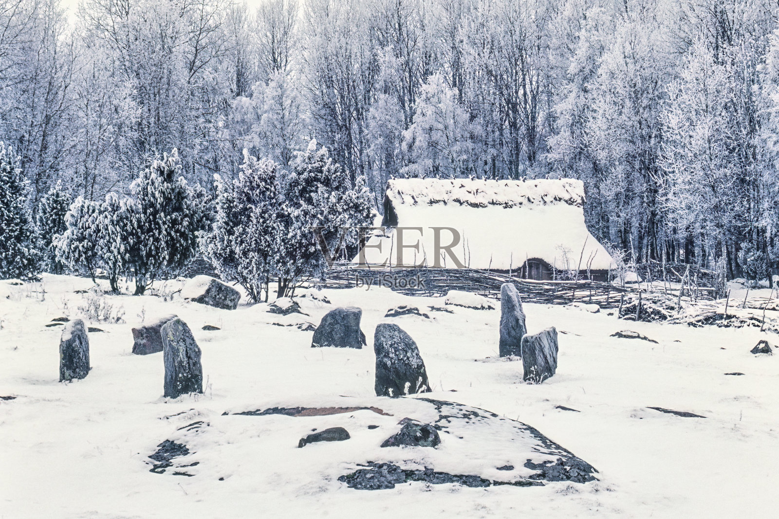 在冬天的风景中，长屋旁的石头圈照片摄影图片