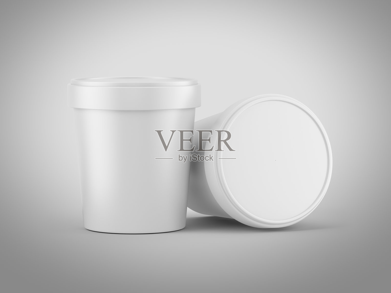 两个冰淇淋桶。空白的白色冰激凌桶孤立在白色上。冰淇淋容器的模型模板。三维渲染照片摄影图片