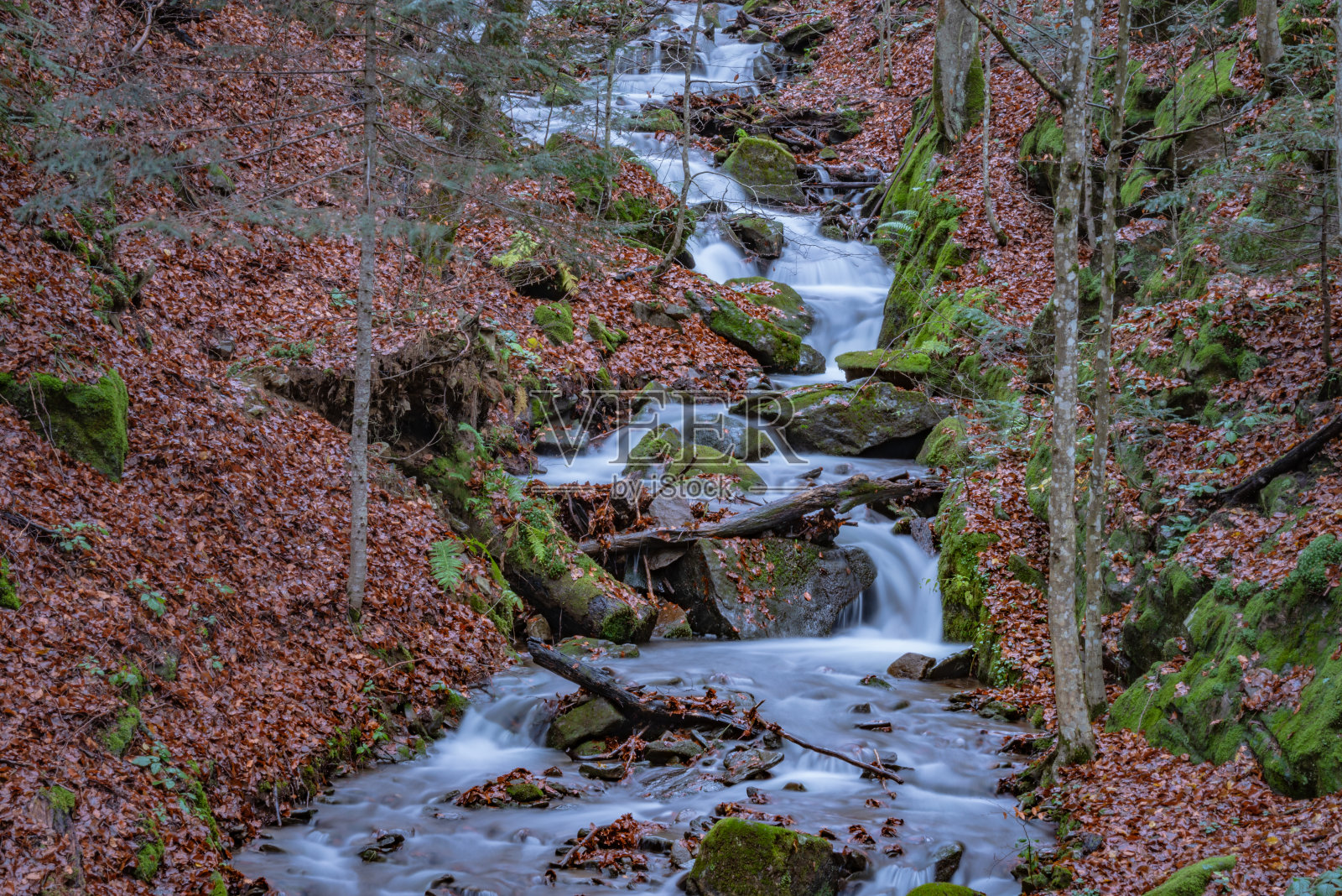 瀑布在秋天的山林照片摄影图片