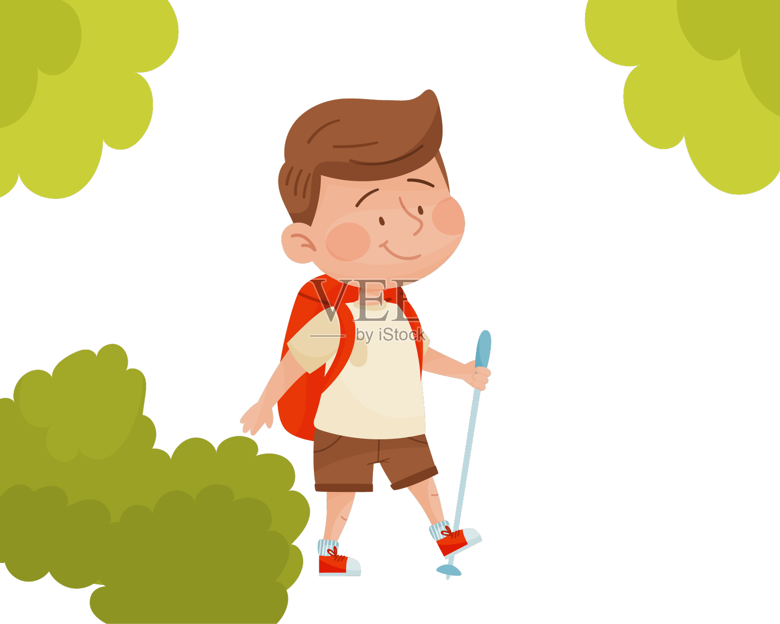 快乐的男孩背着背包和棍子徒步旅行设计元素图片