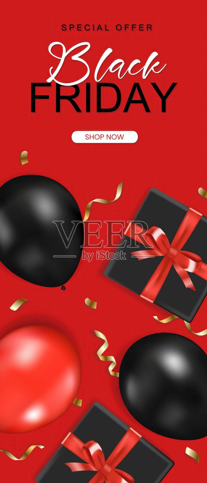 黑色星期五竖版促销banner：逼真光泽的气球、礼品盒和红色背景上的丝带文字插画图片素材