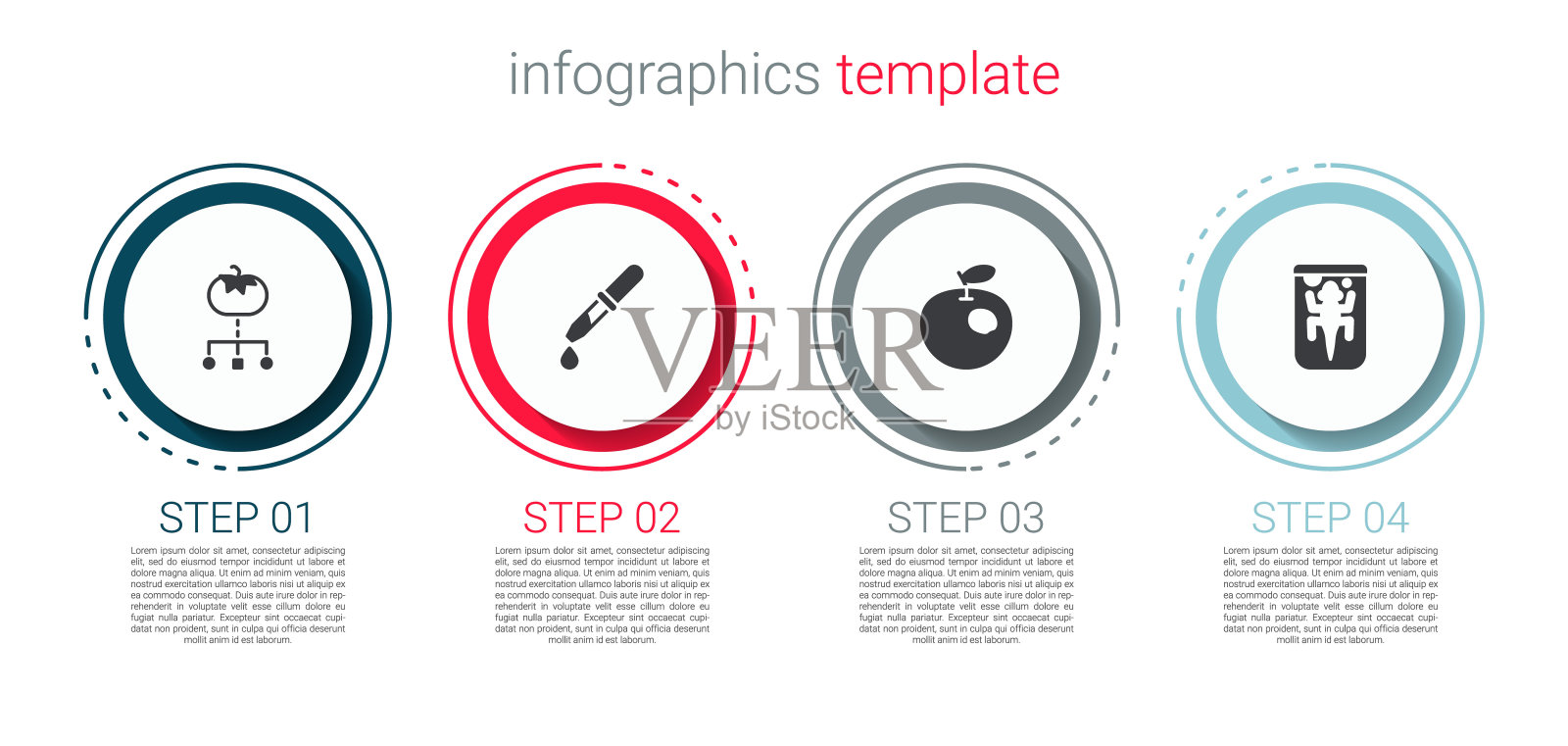 设置转基因食品，移液管，苹果和实验动物。业务信息图表模板。向量插画图片素材