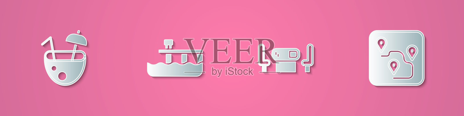 集剪纸椰子鸡尾酒，海滩码头码头，扑克桌和路线的位置图标。纸艺风格。向量插画图片素材