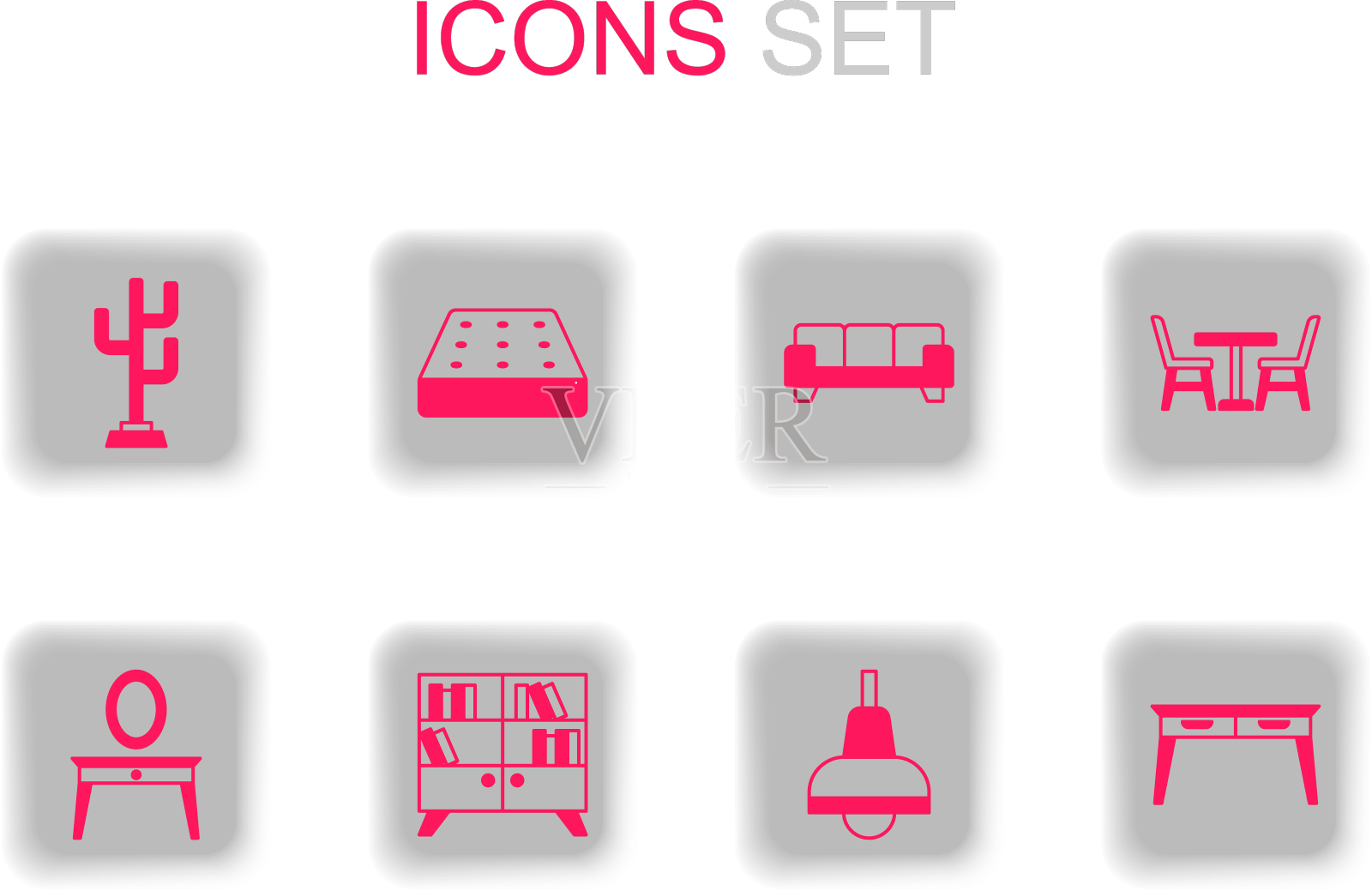 设置图书馆书架、床垫、大衣、灯架设计元素图片