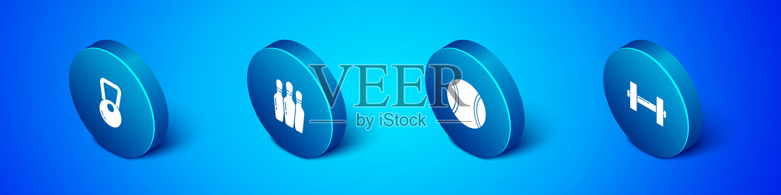 设置等距壶铃，网球，哑铃和保龄球瓶图标。向量插画图片素材