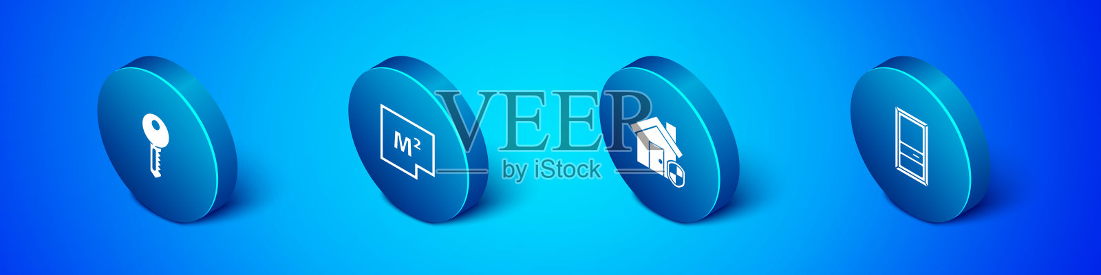 设置等距房屋钥匙，在保护下，关闭的门和计划图标。向量插画图片素材