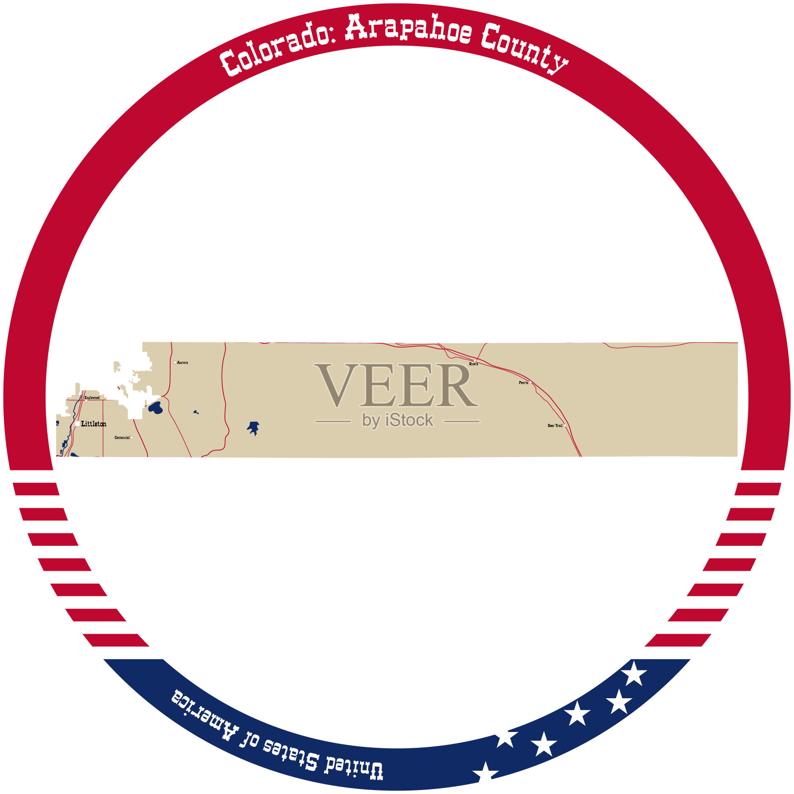 美国科罗拉多州阿拉帕霍县地图，以圆圈排列。插画图片素材