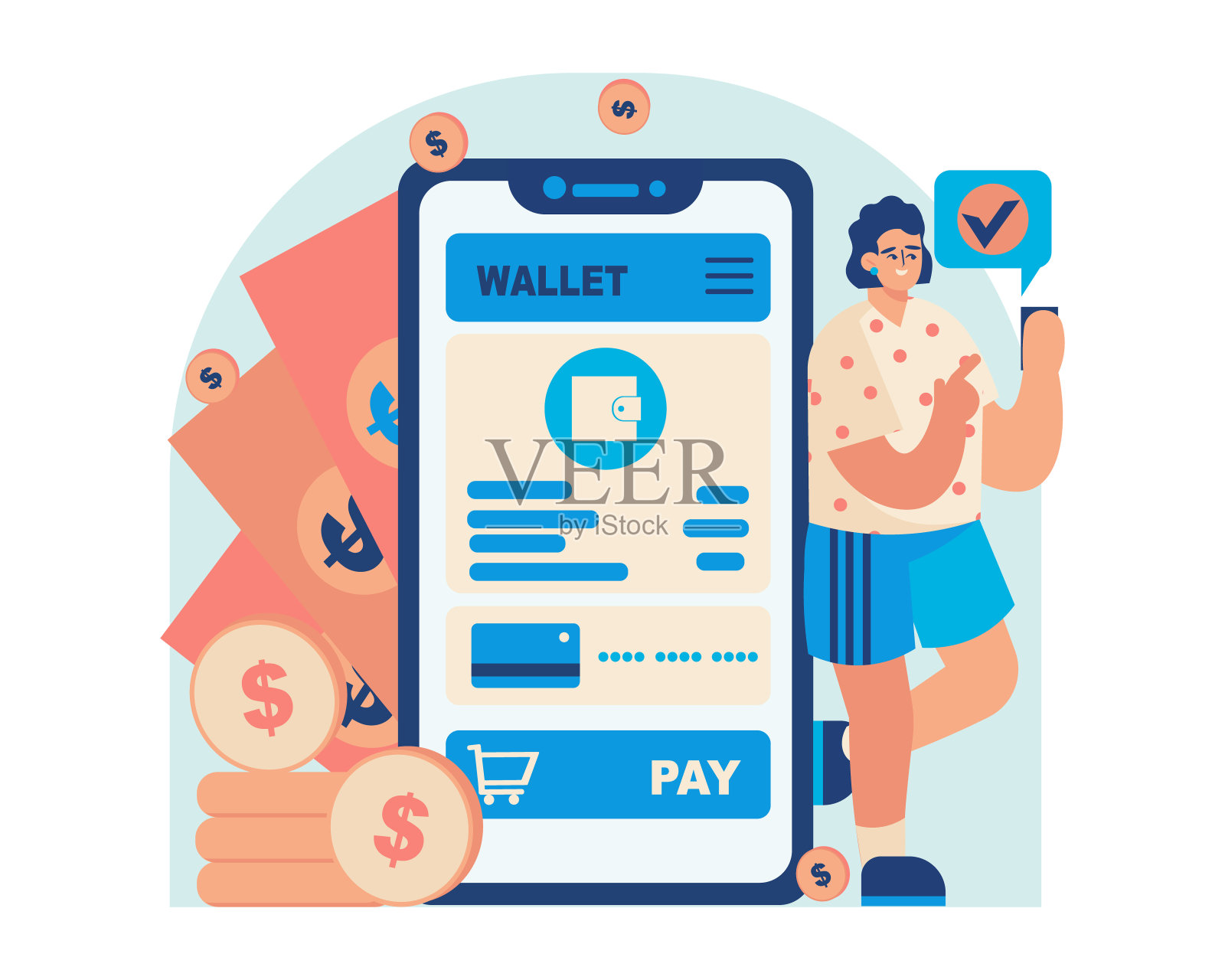 女性拿着智能手机查看钱包。成功的网上金融交易插画图片素材