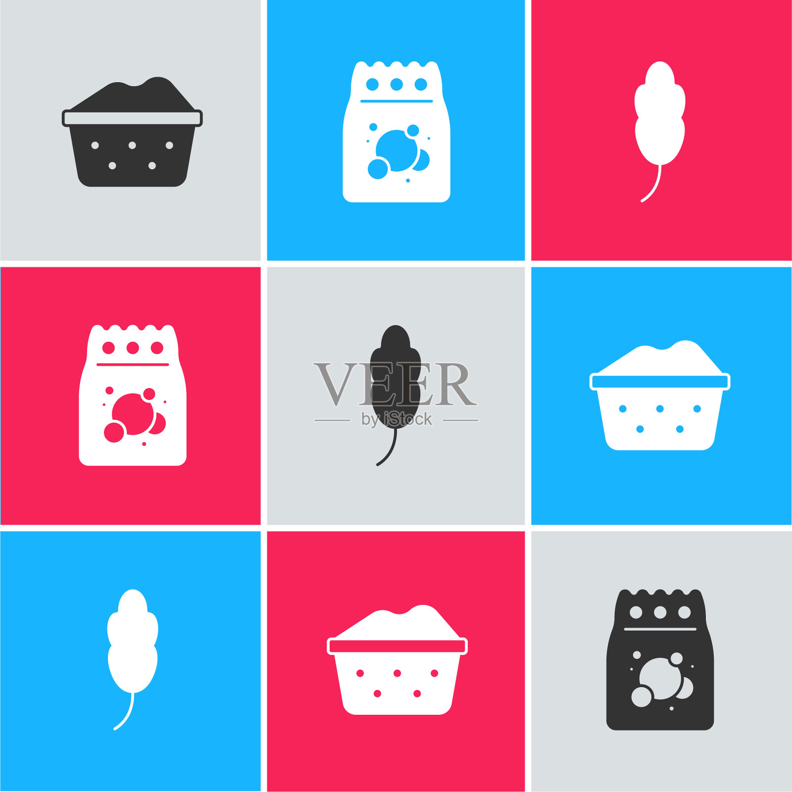 集盆地肥皂泡沫，洗衣粉和羽毛图标。向量插画图片素材