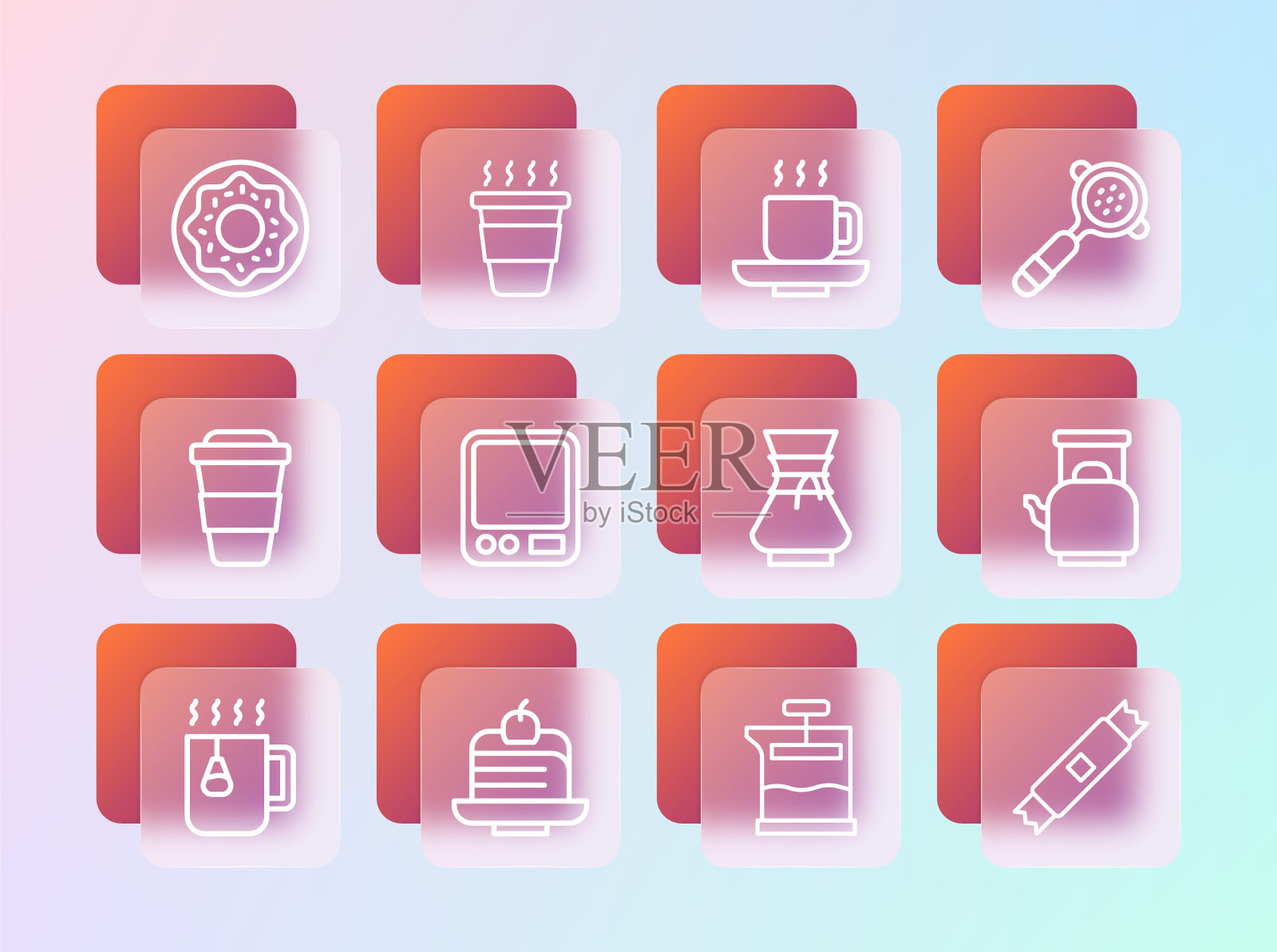 设置线咖啡过滤器支架，块蛋糕，倒在咖啡机，法式压滤机，电子秤，杯子，甜甜圈和去图标。向量插画图片素材