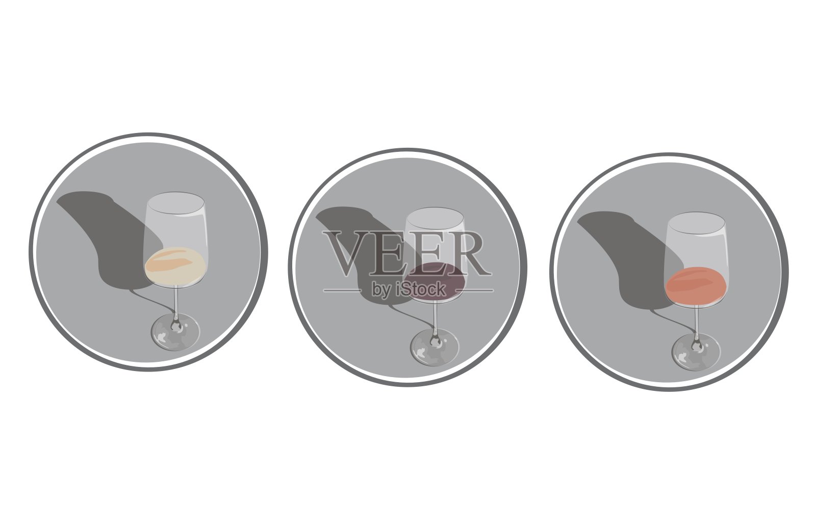 白色，玫瑰色和红色葡萄酒的三个图标与酒杯在白色背景上的圆圈插画图片素材