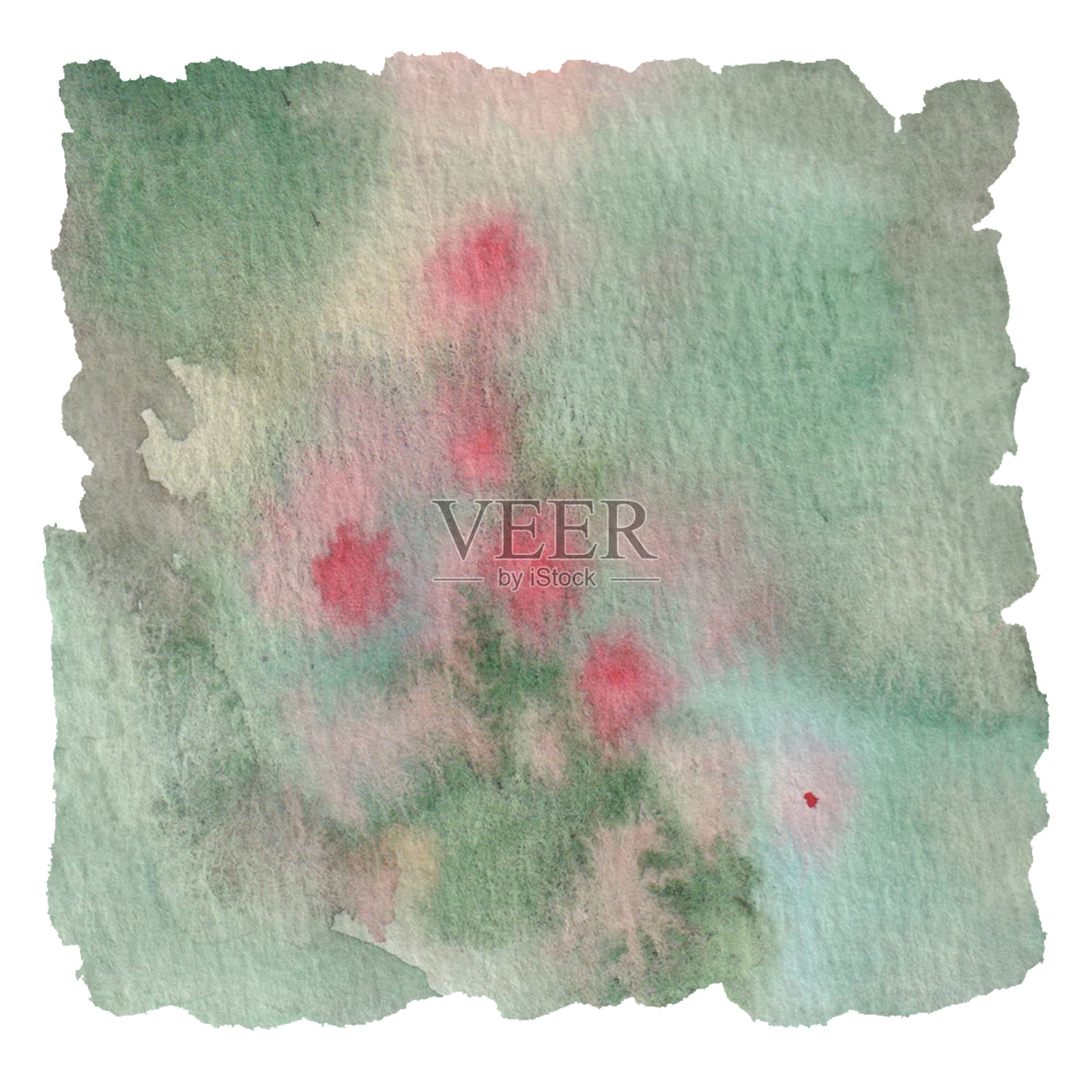 水彩绿色和红色斑点背景手绘在白色背景与水彩纸纹理和锯齿状的边缘。用于背景，标志，明信片插画图片素材