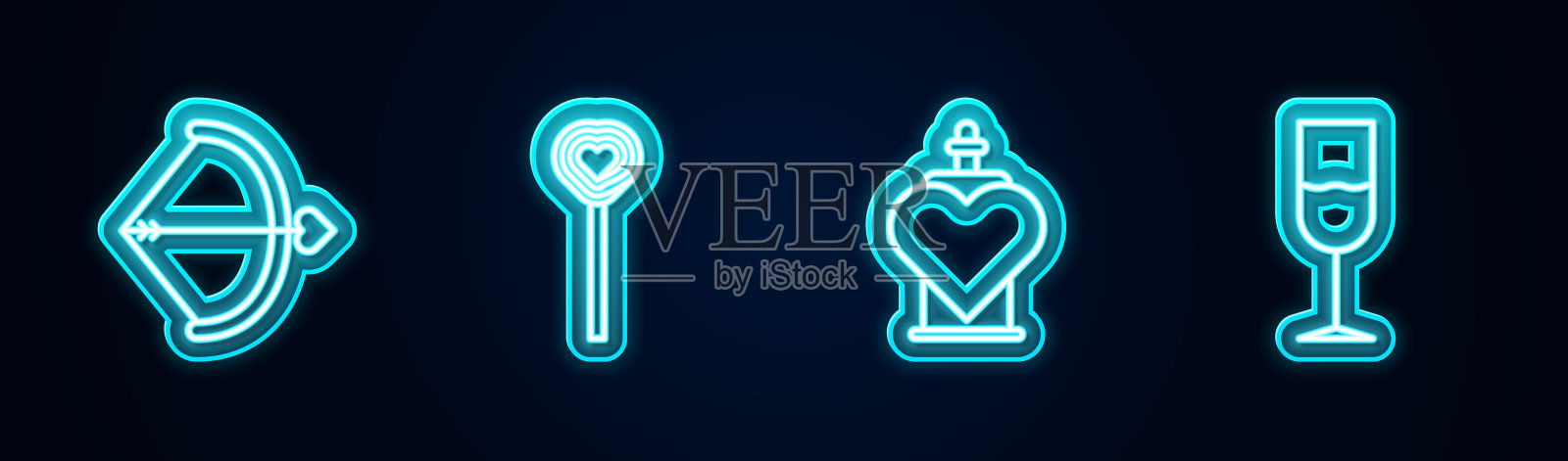 设线弓和箭，棒棒糖，瓶子与爱情药水和酒杯。发光的霓虹灯图标。向量插画图片素材