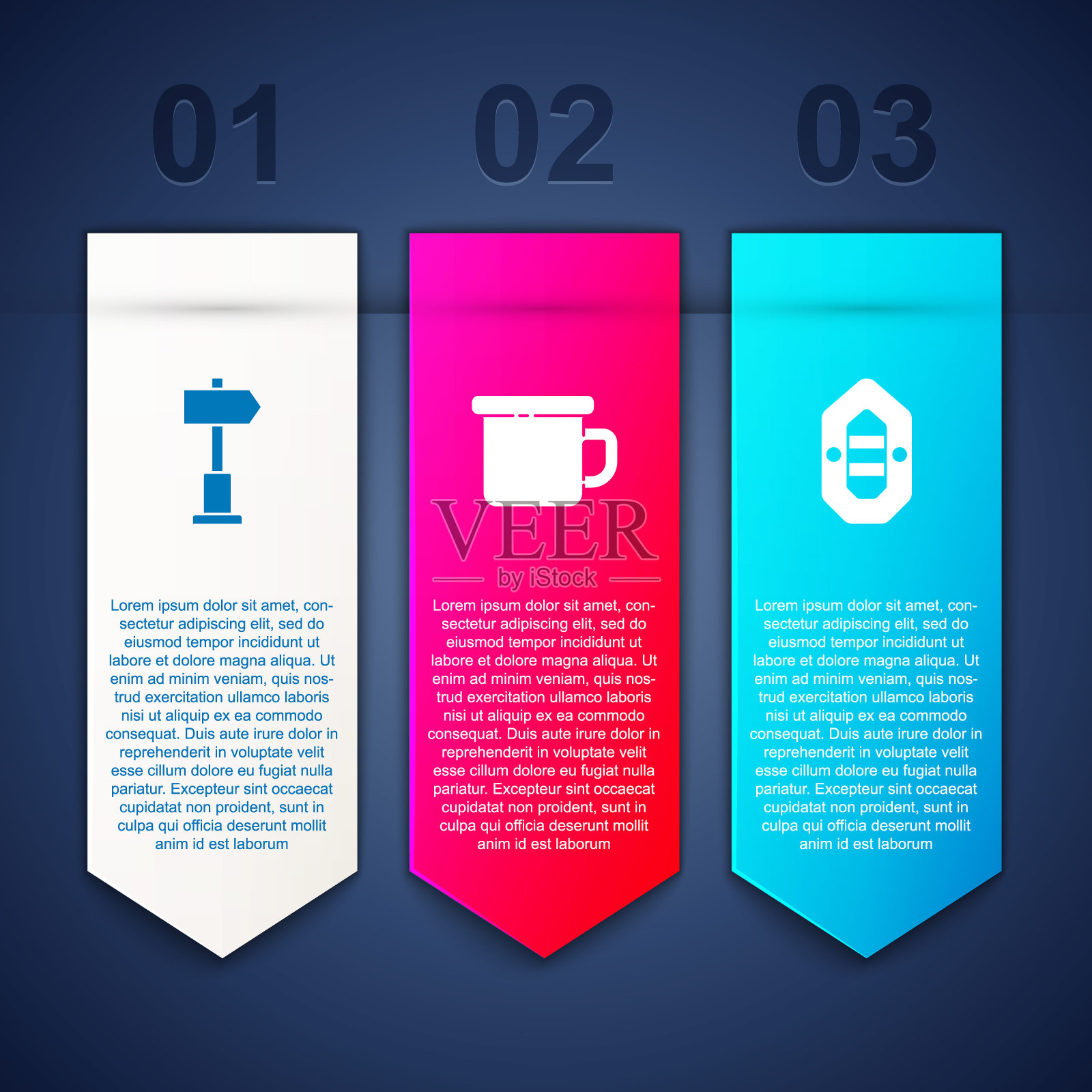 设置道路交通标志、露营金属杯、漂流船。业务信息图表模板。向量插画图片素材