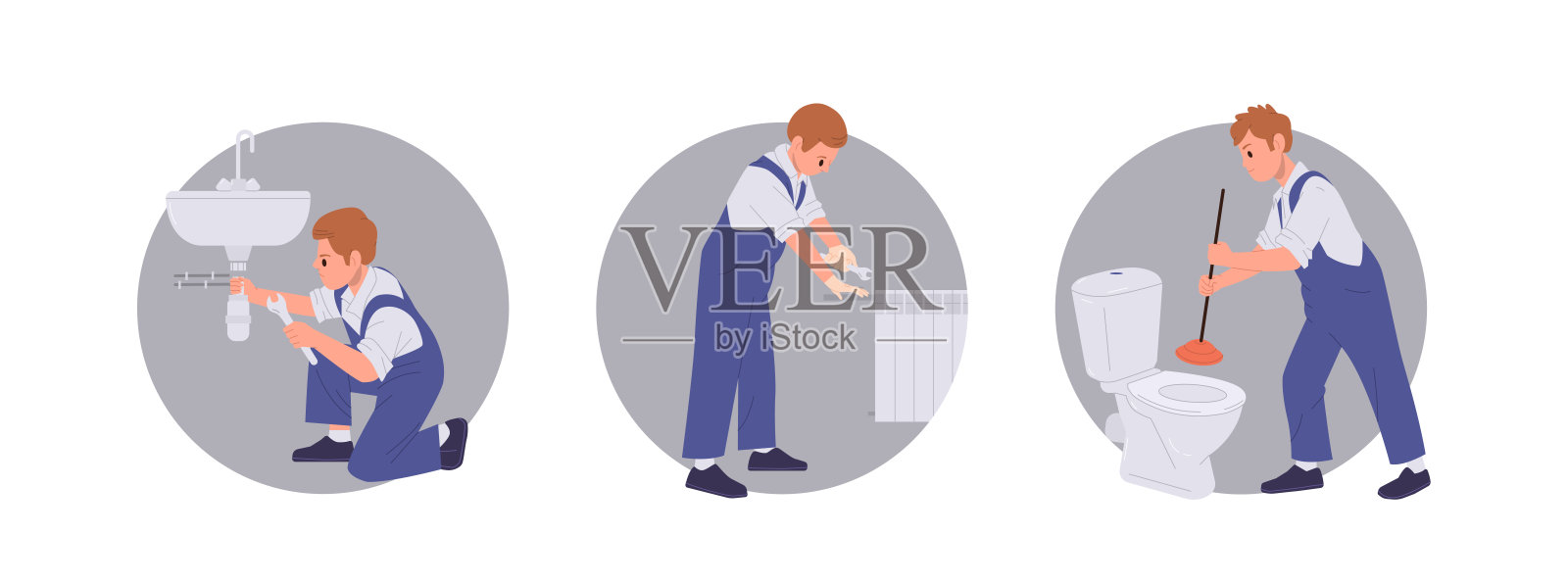 水管工修理马桶、水槽或暖气片，提供专业的家居服务组合插画图片素材