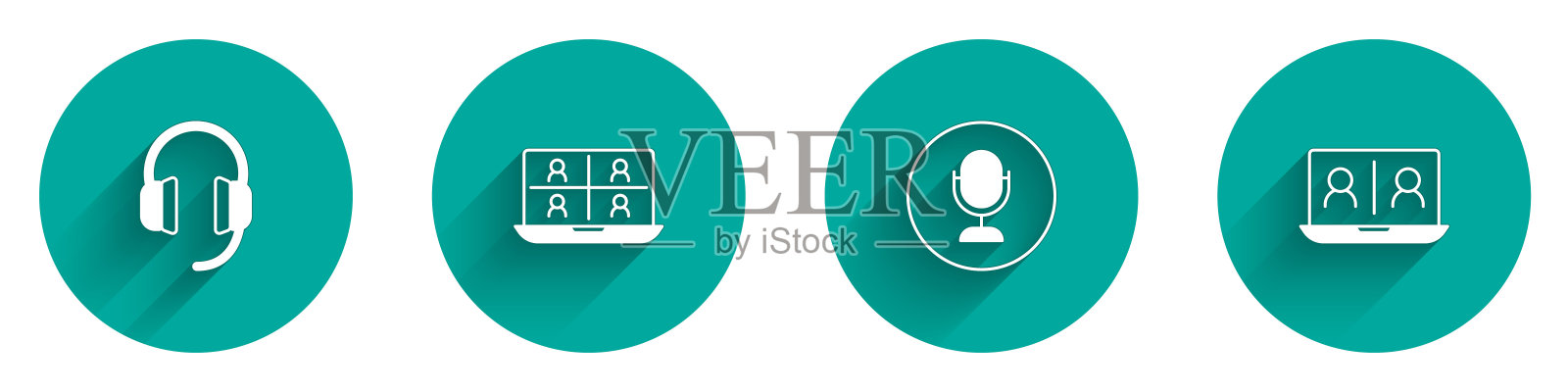 设置耳机，视频聊天会议，麦克风和长阴影图标。向量插画图片素材