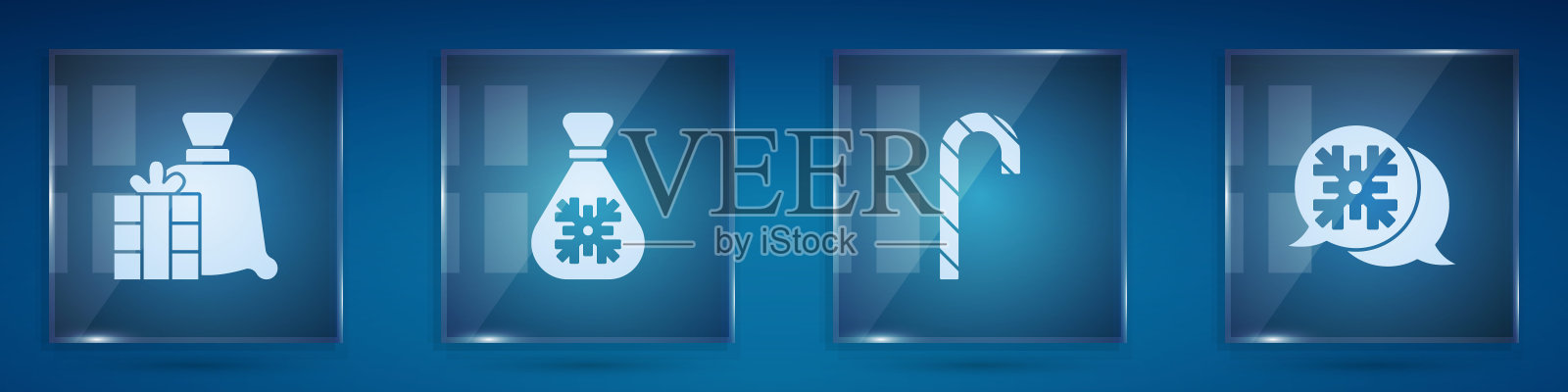 圣诞老人包礼物，圣诞拐杖糖和雪花语泡。方形玻璃板。向量插画图片素材