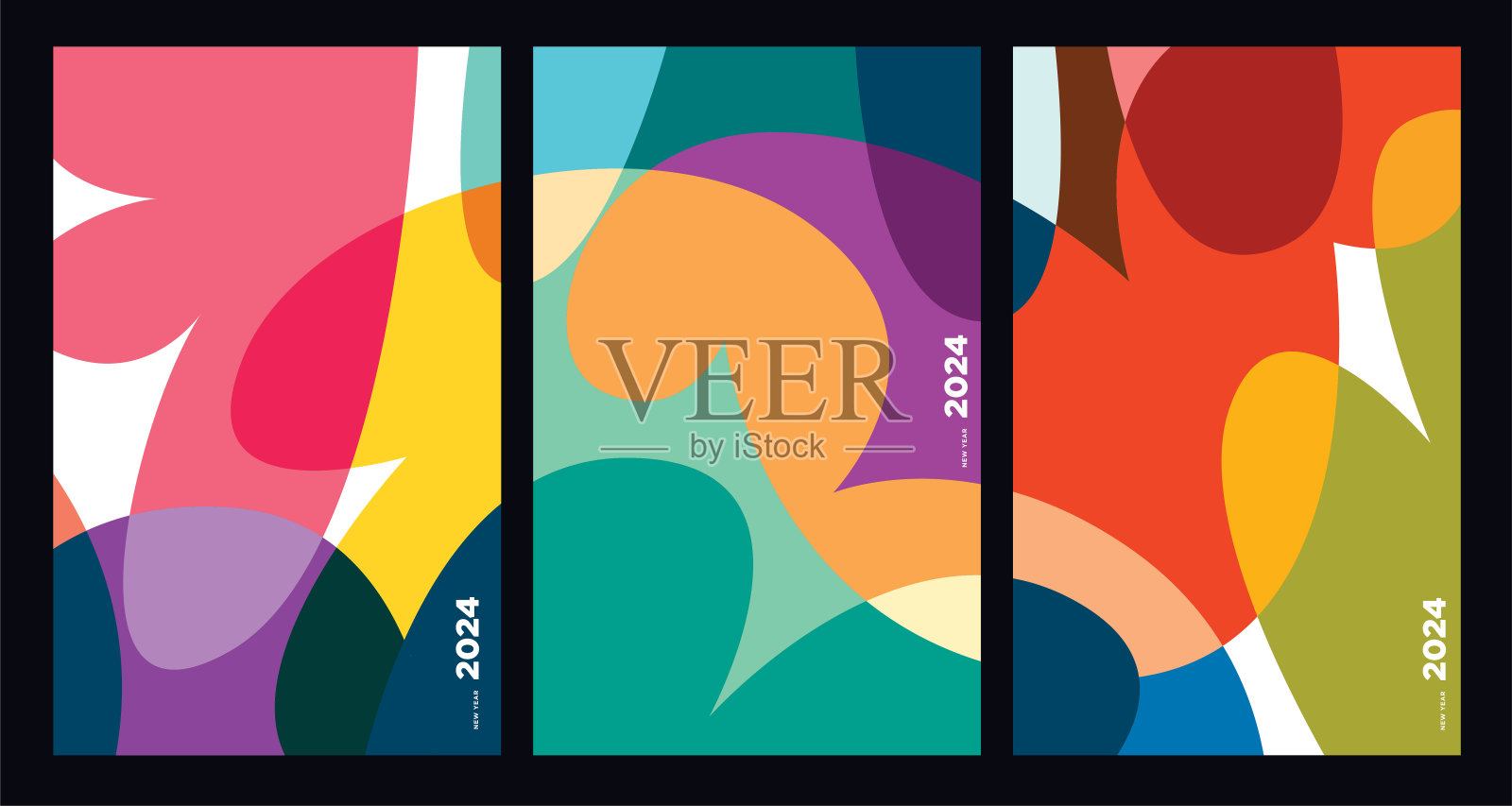 新年2024彩色抽象几何和流体海报和横幅贺卡插画图片素材