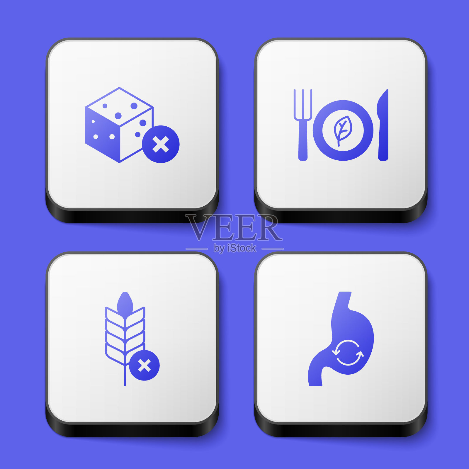 设定无糖，素食饮食，麸质谷物和人体胃健康的标志。白色方形按钮。向量插画图片素材