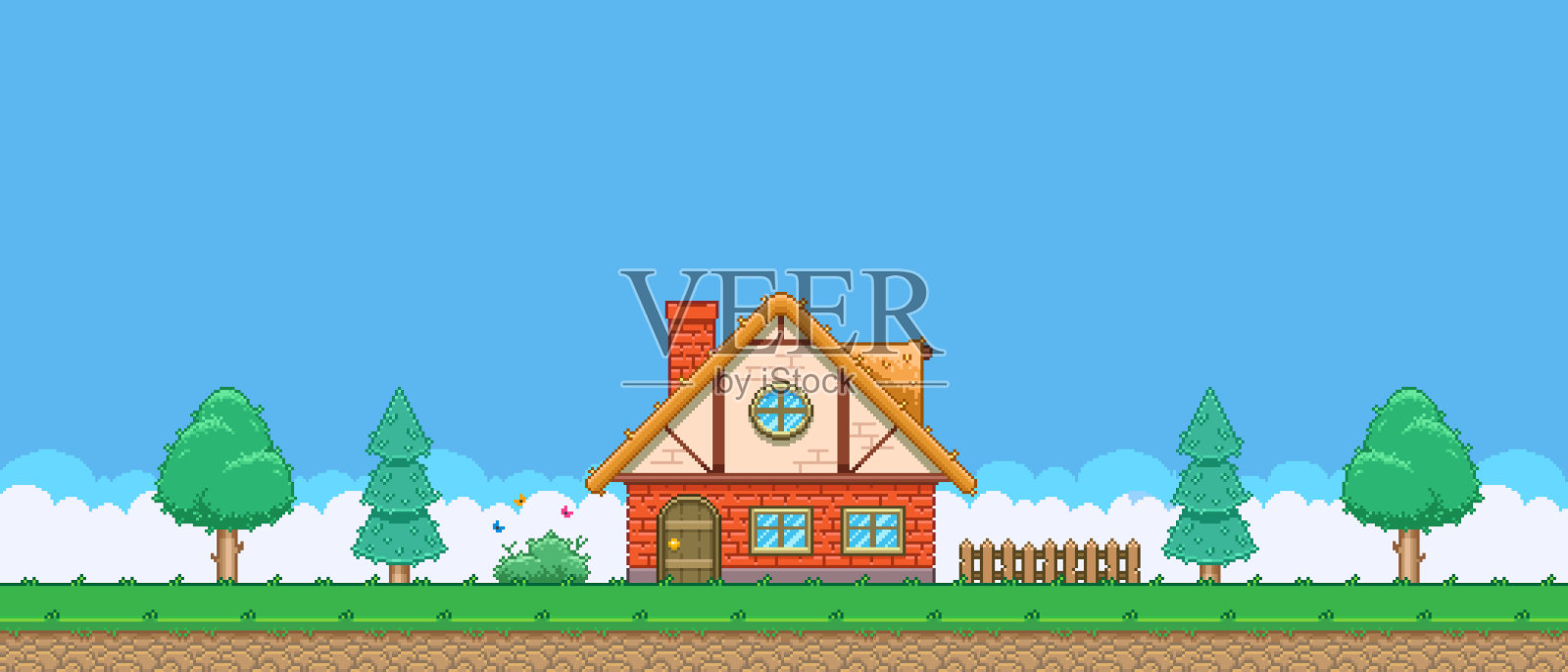 彩色简单的矢量像素艺术在复古的视频游戏平台水平风格针叶树和落叶树之间的卡通房子的水平插图插画图片素材