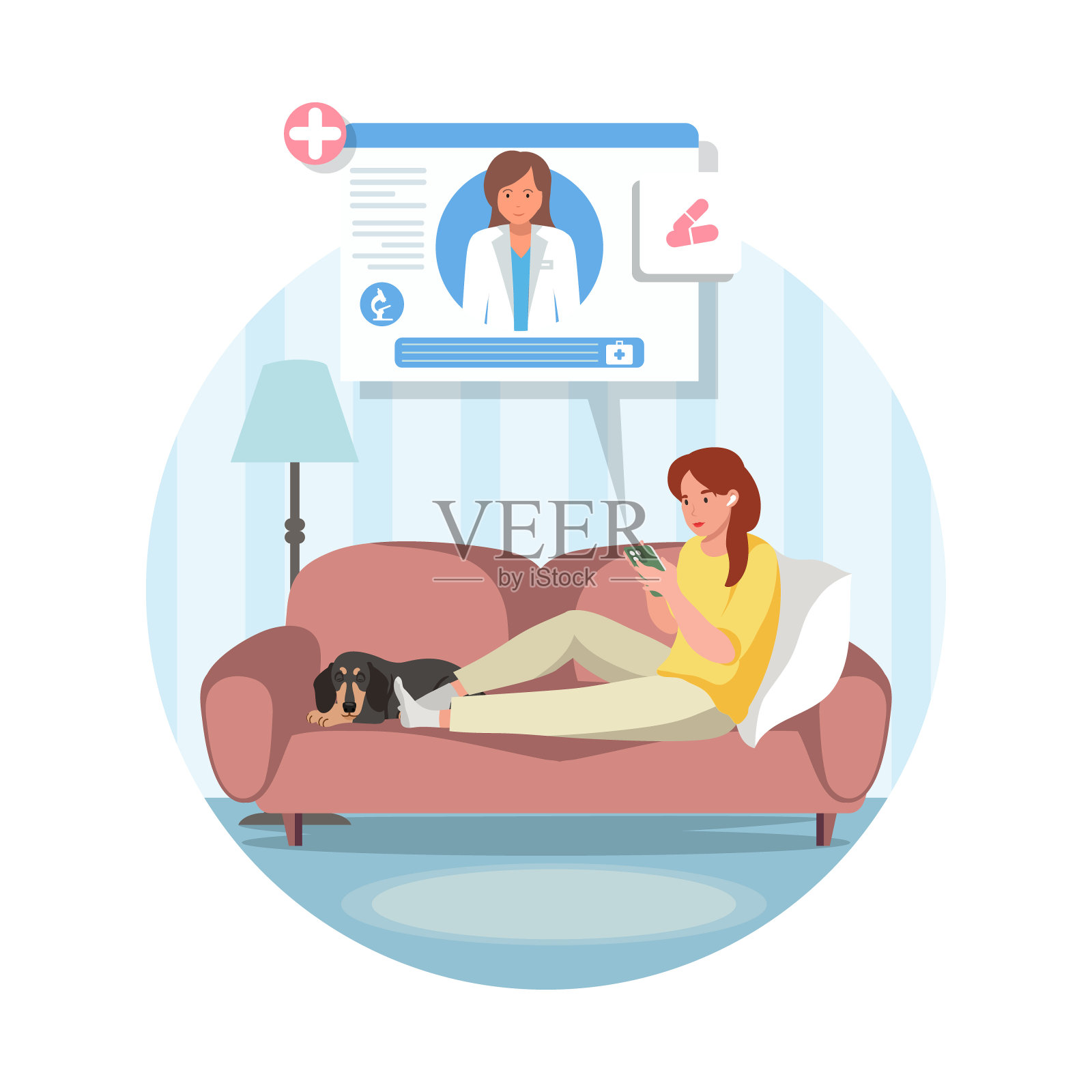 女性躺在床上用智能手机和医生聊天插画图片素材