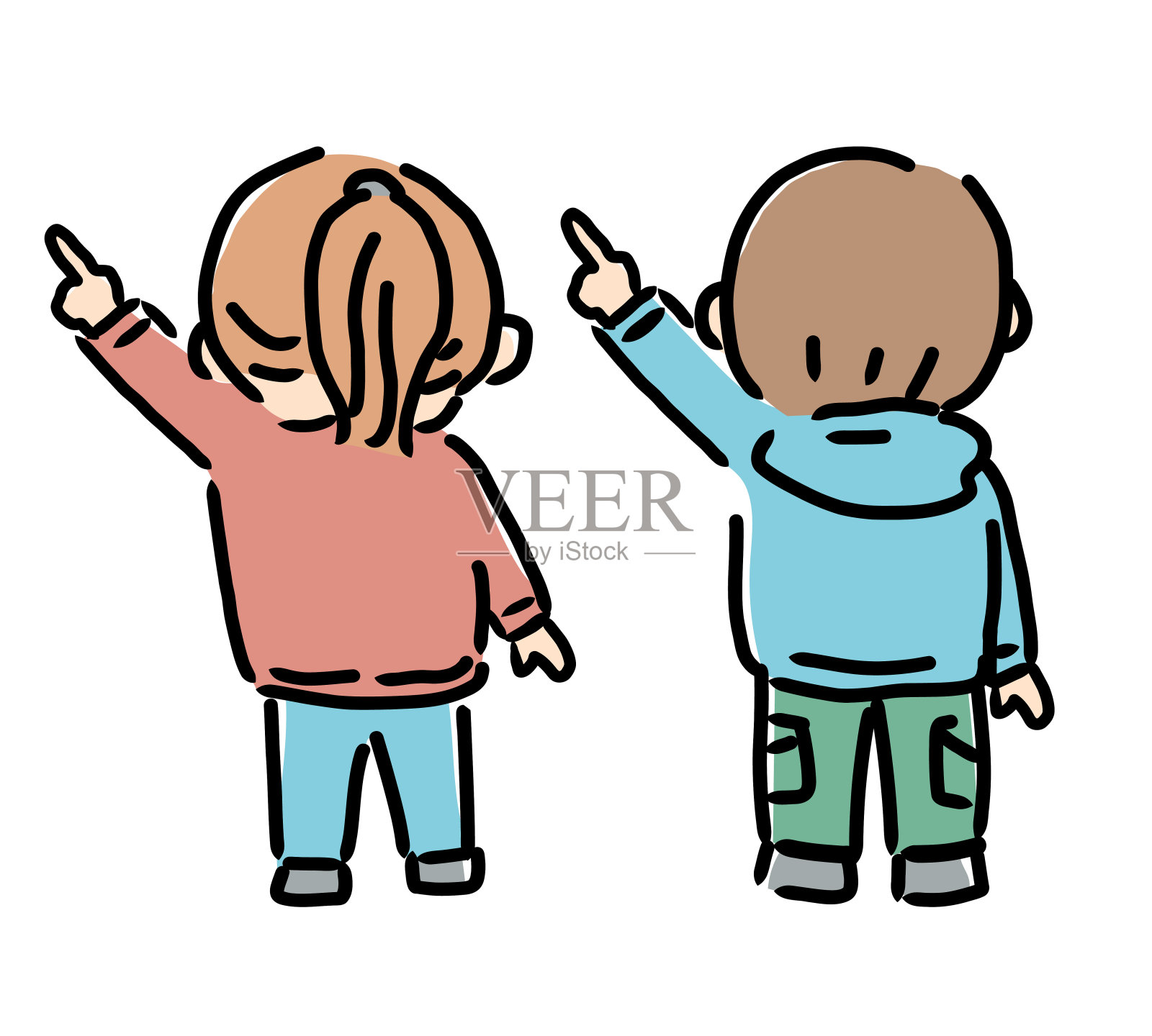 一个男孩和一个女孩指着的全身插图插画图片素材