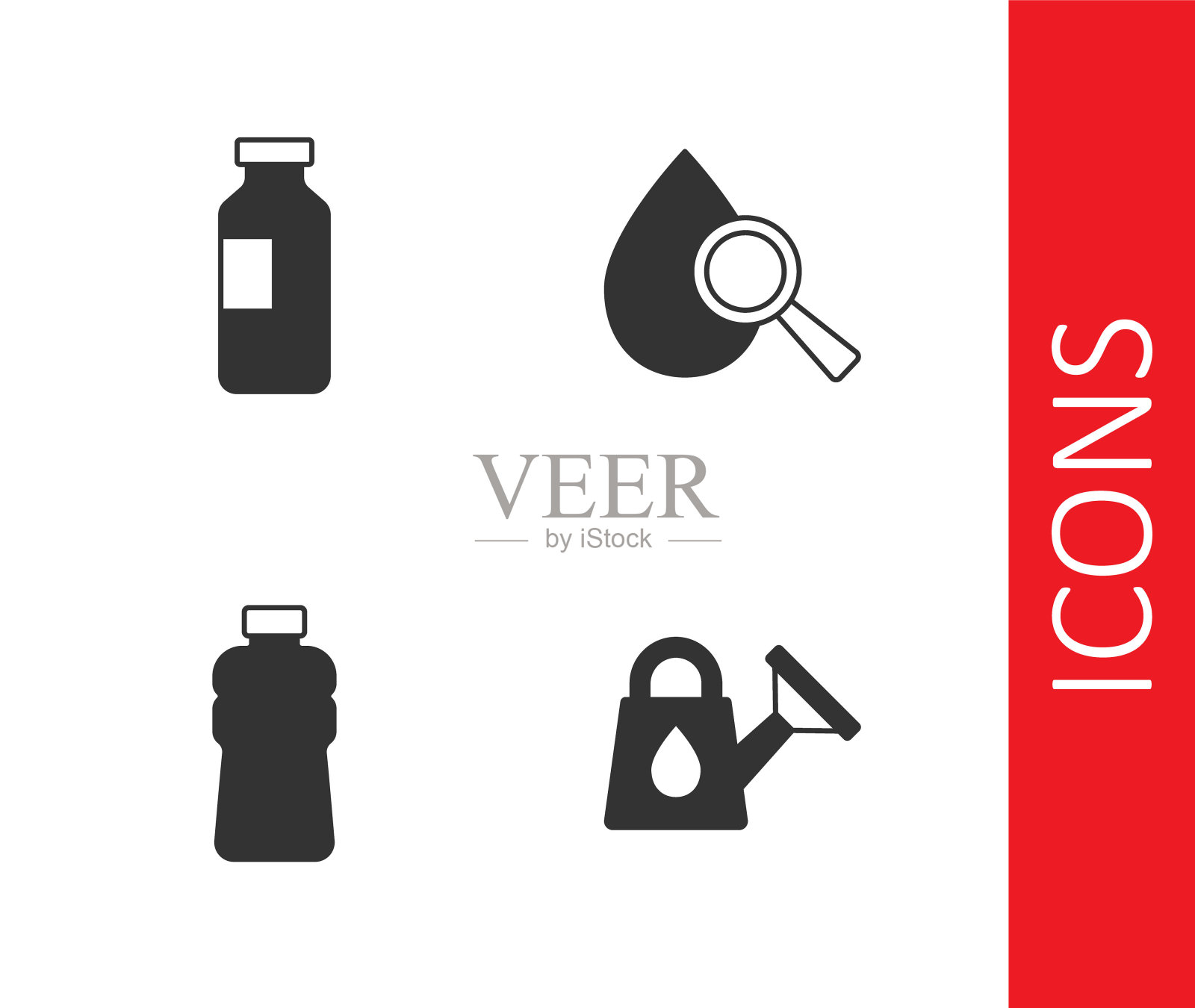 设置水罐，瓶装水，水滴和放大镜图标。向量插画图片素材