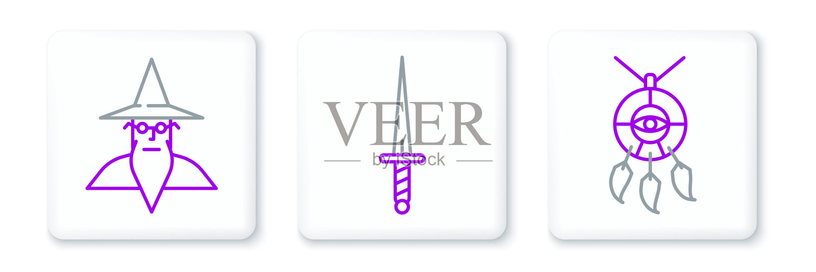 设线捕梦网，有羽毛，巫师术士和匕首图标。向量插画图片素材