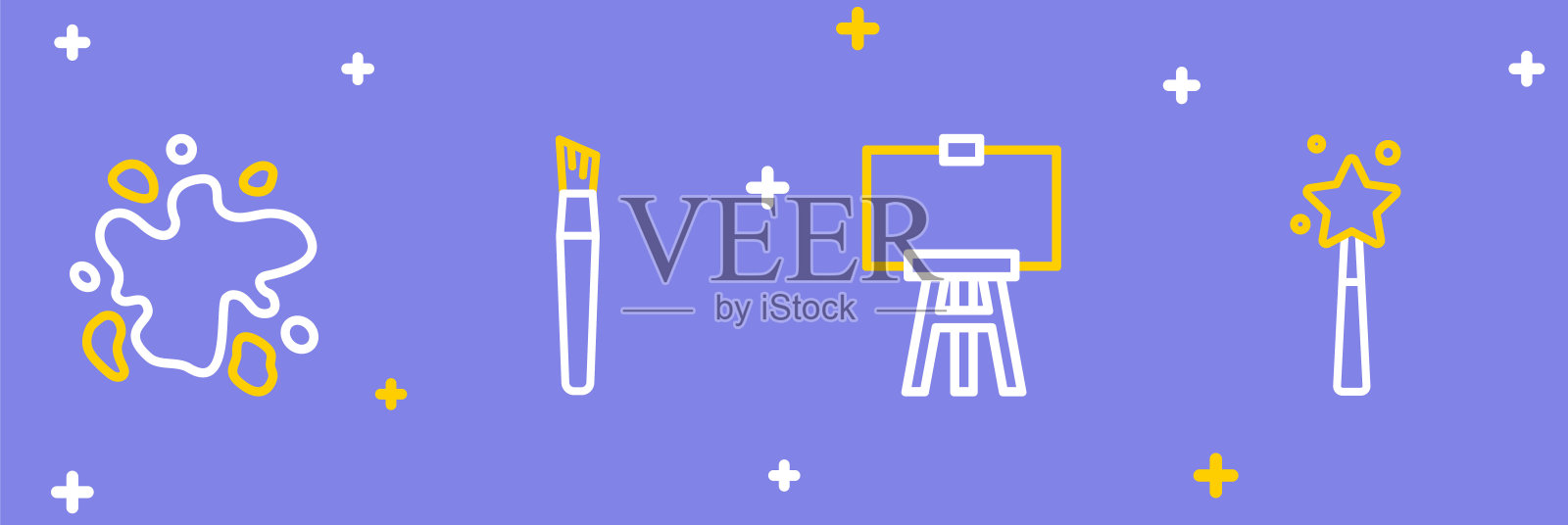 设置线魔术棒，木画架，油漆刷和喷雾图标。向量插画图片素材