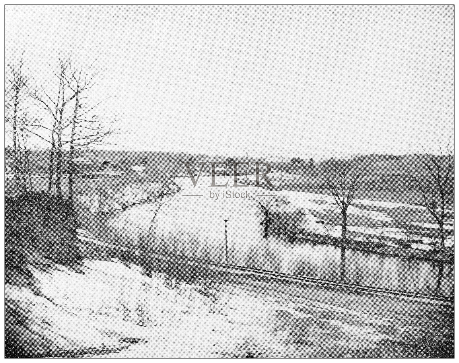 汉普顿县，马萨诸塞州的古董图像:奇科皮和奇科皮瀑布之间的河流插画图片素材