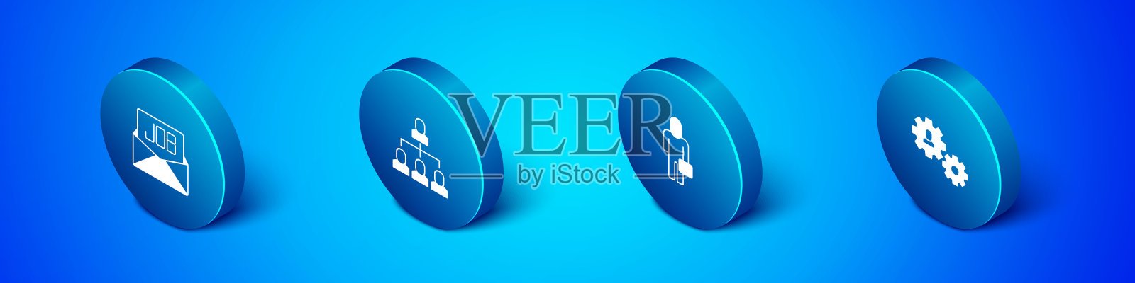 设置等距搜索工作，商人，人与齿轮和员工层次图标。向量插画图片素材