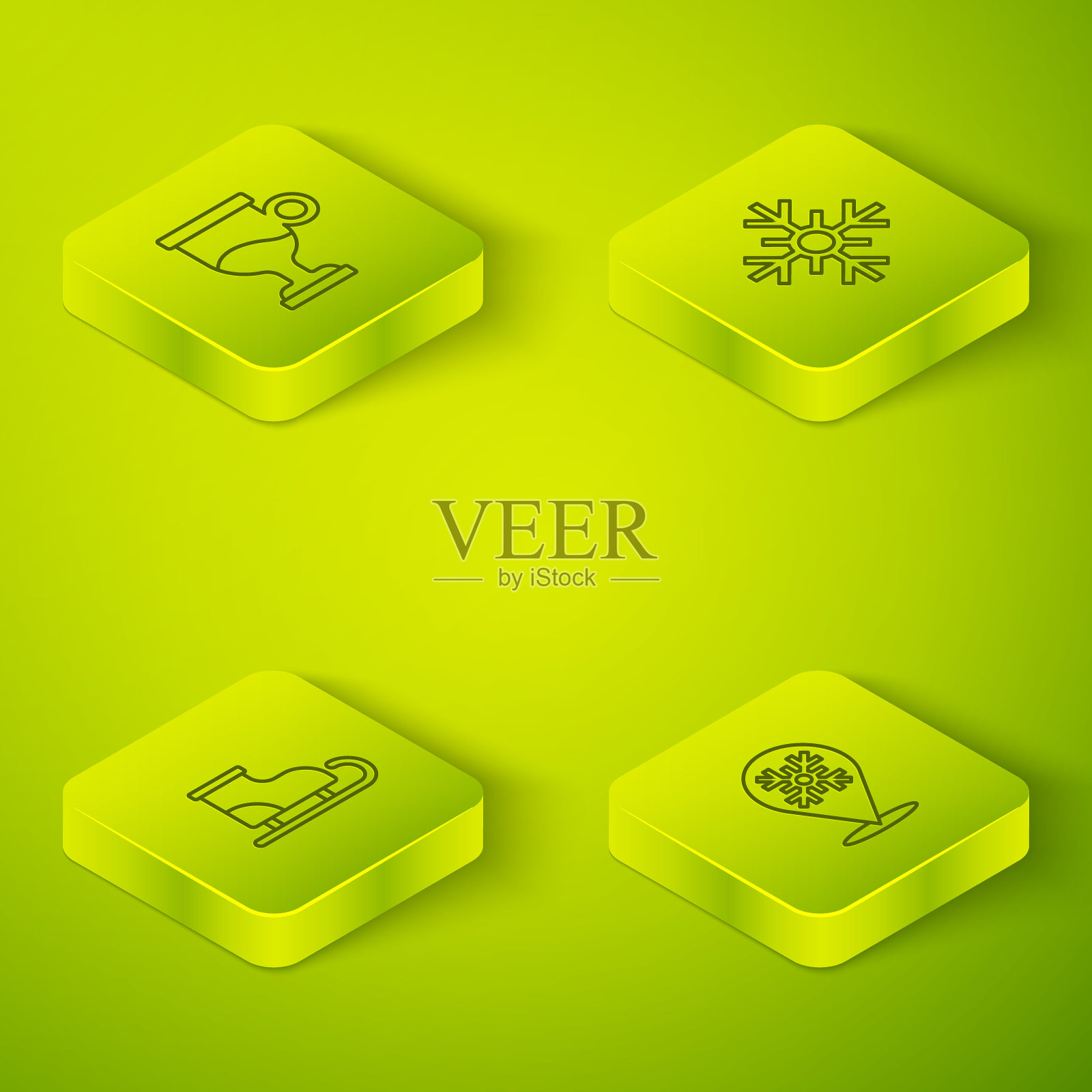 设置等距线雪花，花样滑冰，和热葡萄酒图标。向量插画图片素材